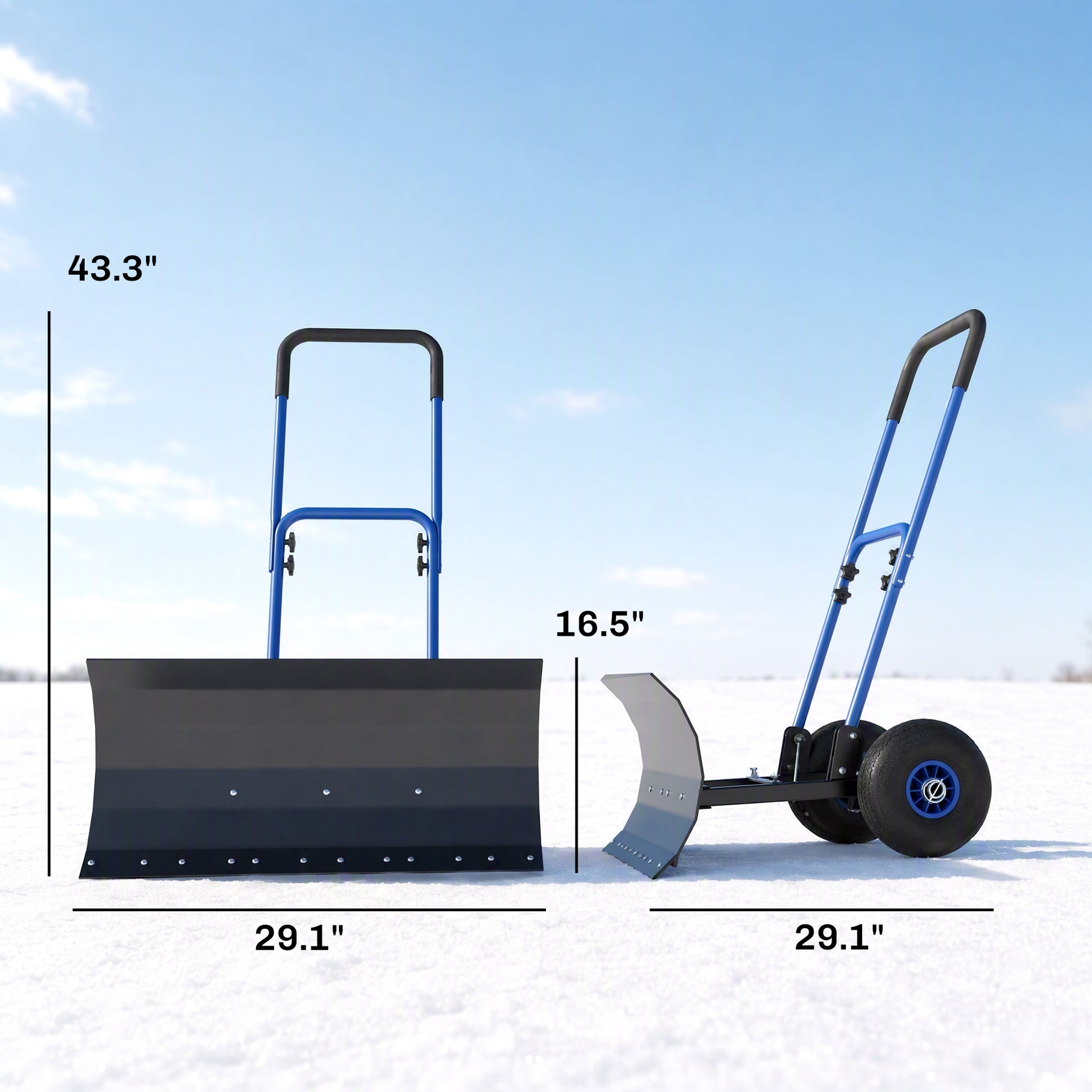 Outsunny Snow Shovel with Wheels, 29" x 16.5" Metal Snow Pusher with Adjustable Handle, 5-Angle Blade for Driveway, Blue