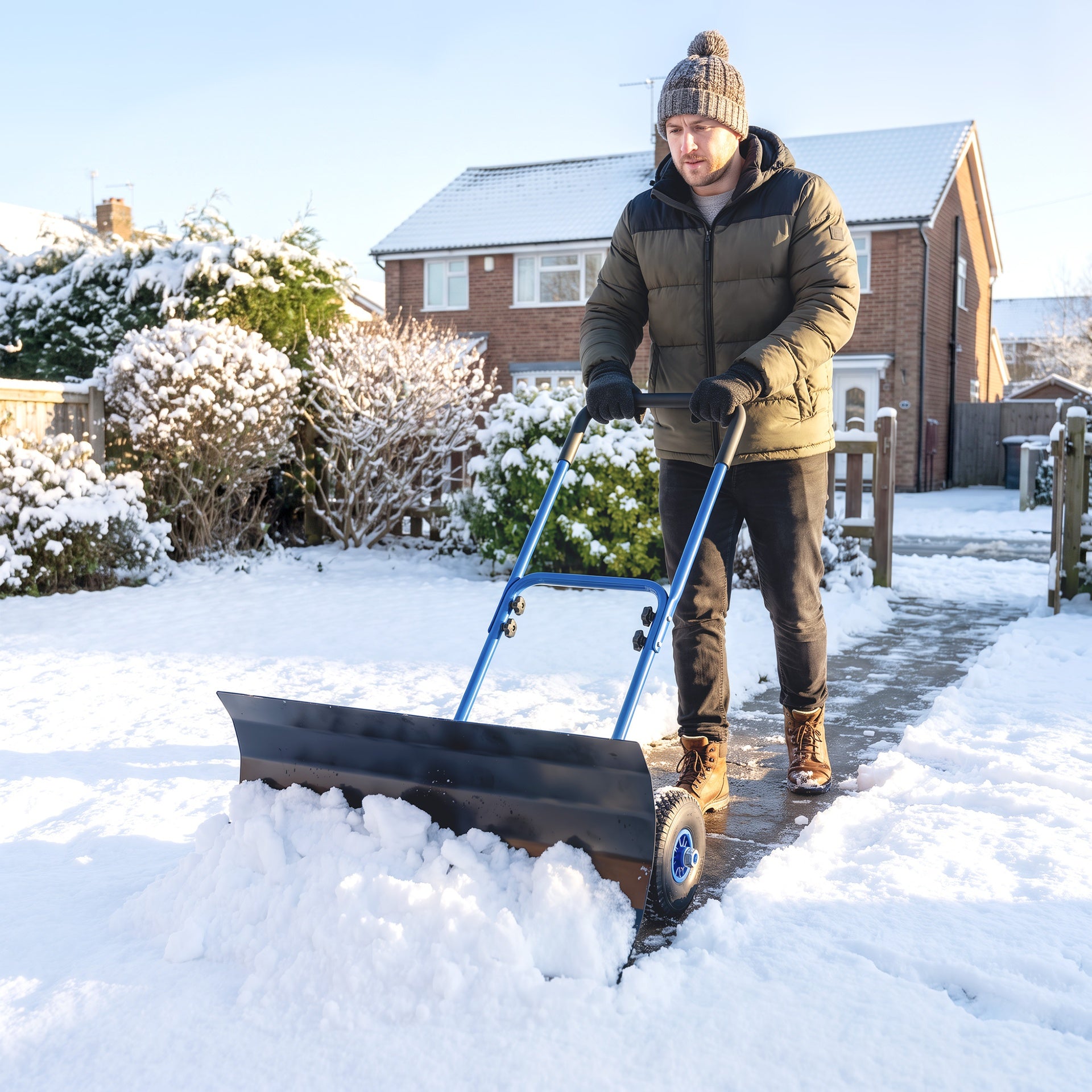 Outsunny Snow Shovel with Wheels, 29" x 16.5" Metal Snow Pusher with Adjustable Handle, 5-Angle Blade for Driveway, Blue
