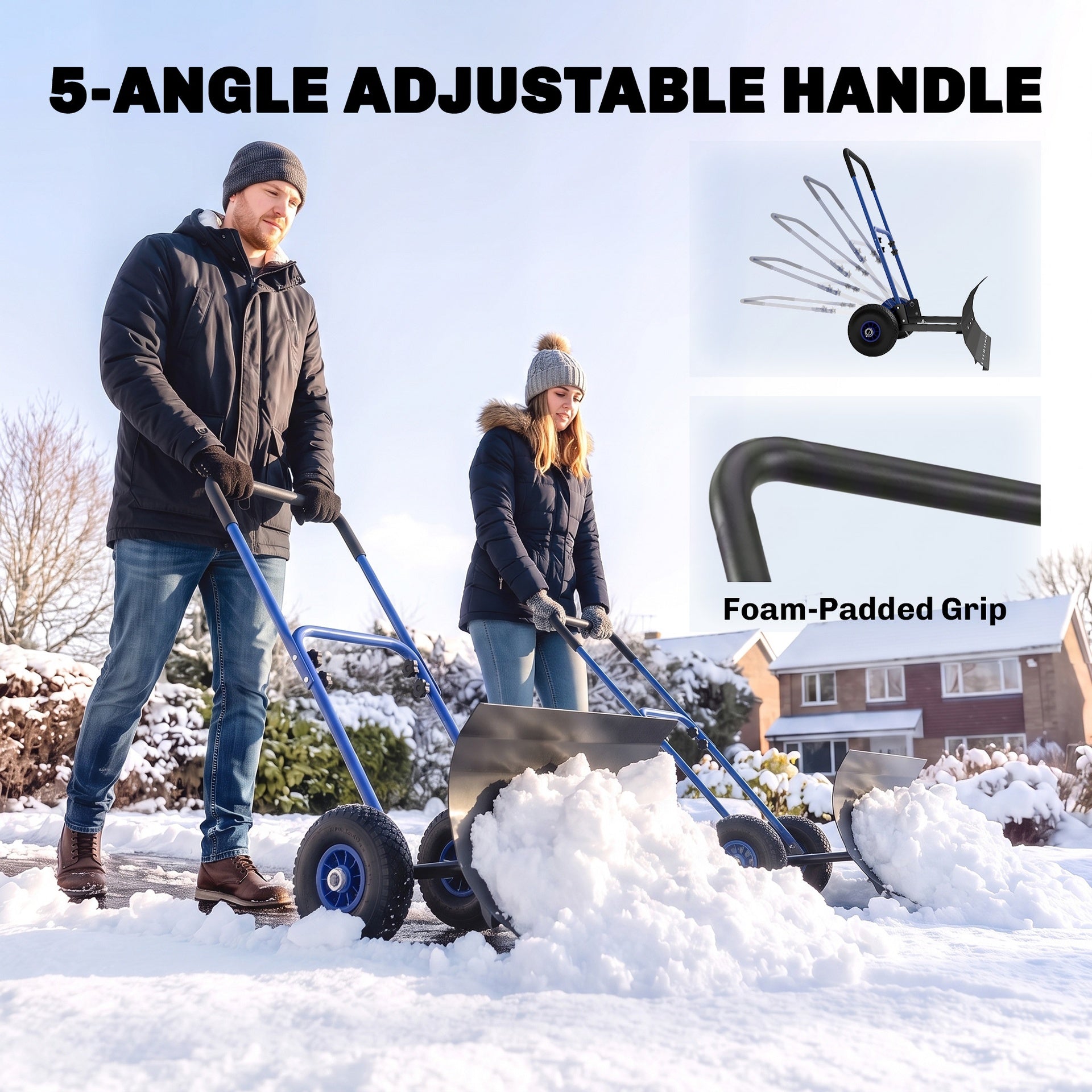 Outsunny Snow Shovel with Wheels, 29" x 16.5" Metal Snow Pusher with Adjustable Handle, 5-Angle Blade for Driveway, Blue