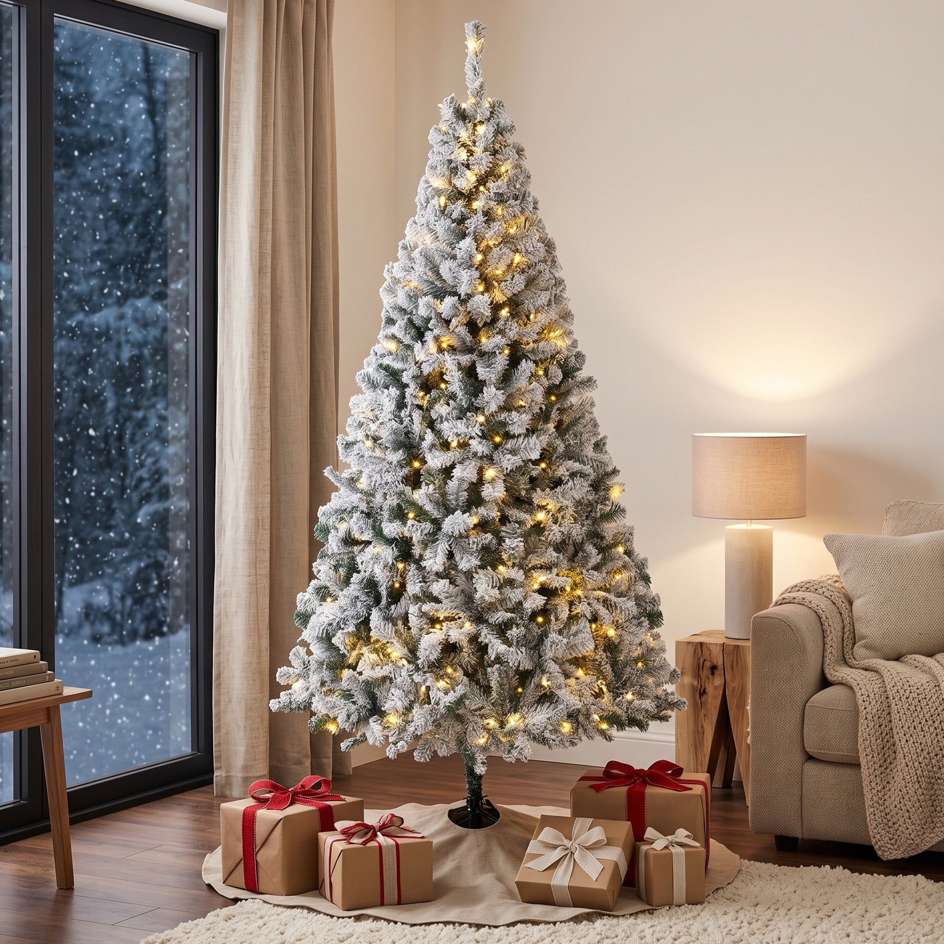 HOMCOM 6ft Flocked Prelit Christmas Tree, Fraser Fir, Hinged Xmas Tree with LEDs, Foldable Metal Base, Green White