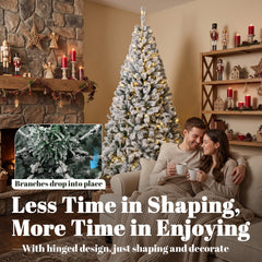 HOMCOM 6ft Flocked Prelit Christmas Tree, Fraser Fir, Hinged Xmas Tree with LEDs, Foldable Metal Base, Green White