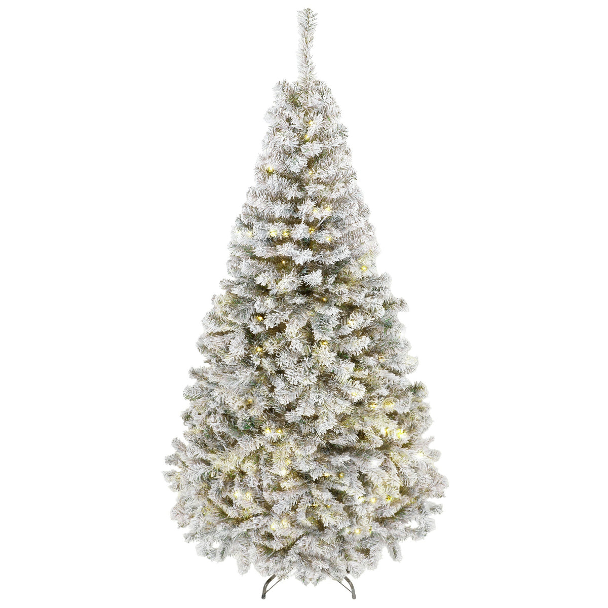 HOMCOM 6ft Flocked Prelit Christmas Tree, Fraser Fir, Hinged Xmas Tree with LEDs, Foldable Metal Base, Green White