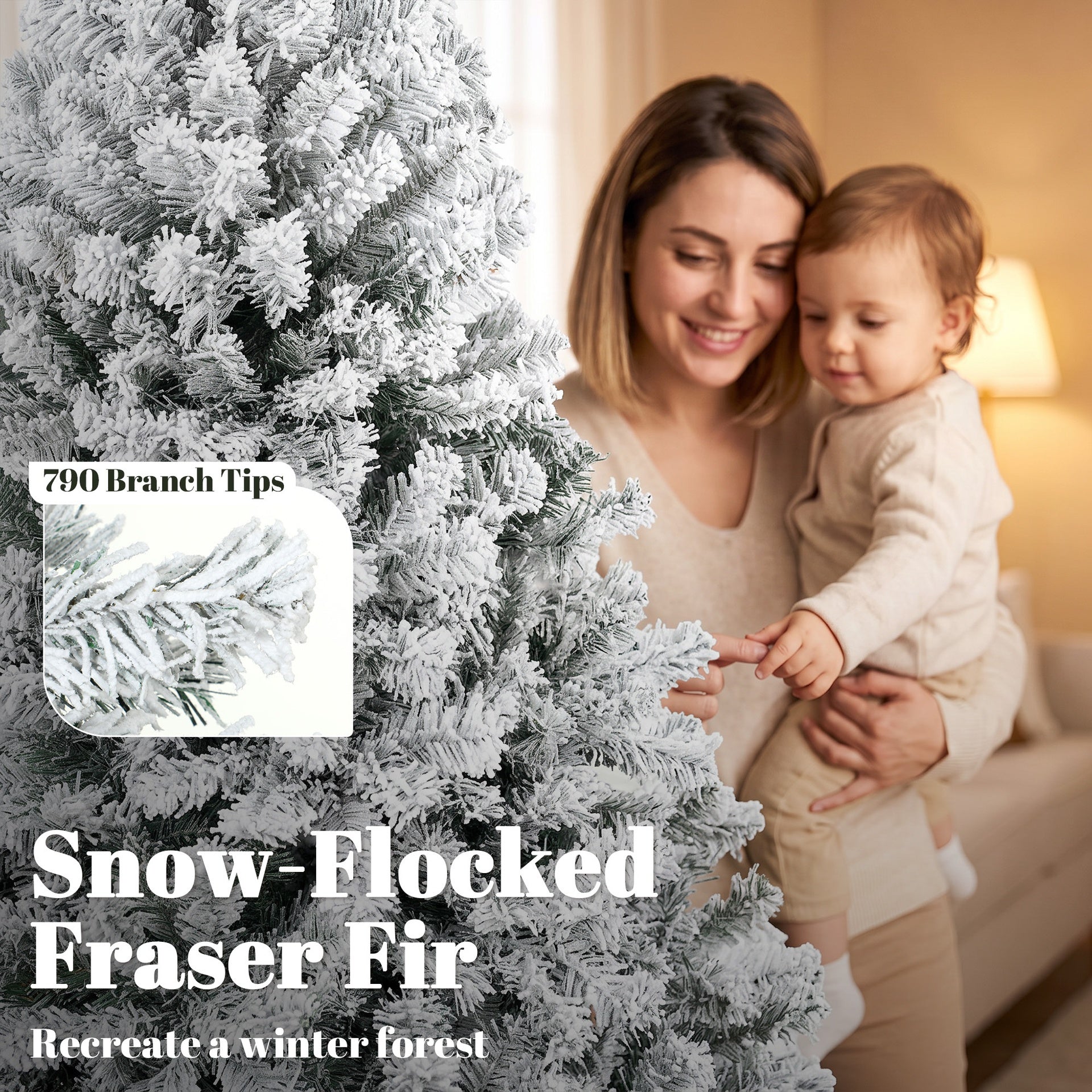 HOMCOM 6ft Flocked Prelit Christmas Tree, Fraser Fir, Hinged Xmas Tree with LEDs, Foldable Metal Base, Green White