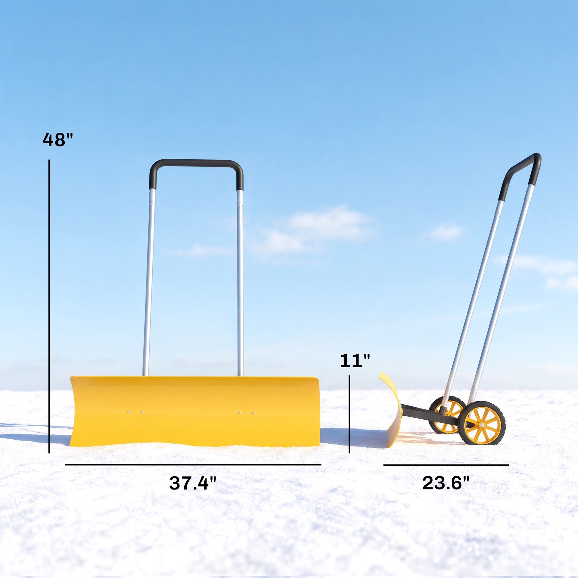 Outsunny 37-Inch Extra Wide Snow Shovel with Wheels, Heavy Duty Aluminum Snow Pusher with Ergonomic Adjustable Handle, Yellow