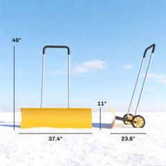 Outsunny 37-Inch Extra Wide Snow Shovel with Wheels, Heavy Duty Aluminum Snow Pusher with Ergonomic Adjustable Handle, Yellow