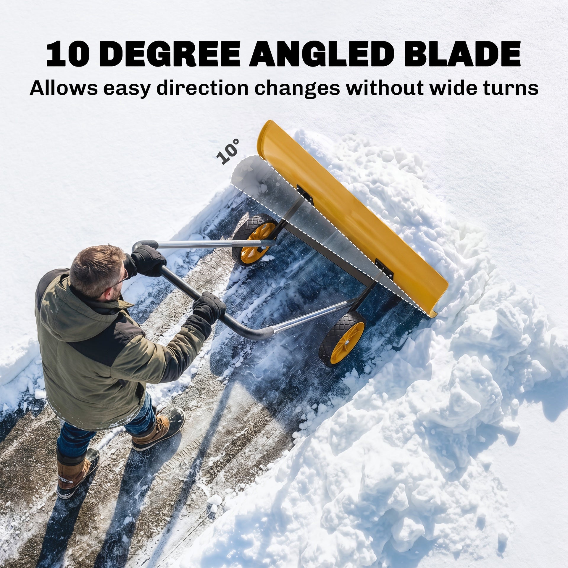 Outsunny 37-Inch Extra Wide Snow Shovel with Wheels, Heavy Duty Aluminum Snow Pusher with Ergonomic Adjustable Handle, Yellow