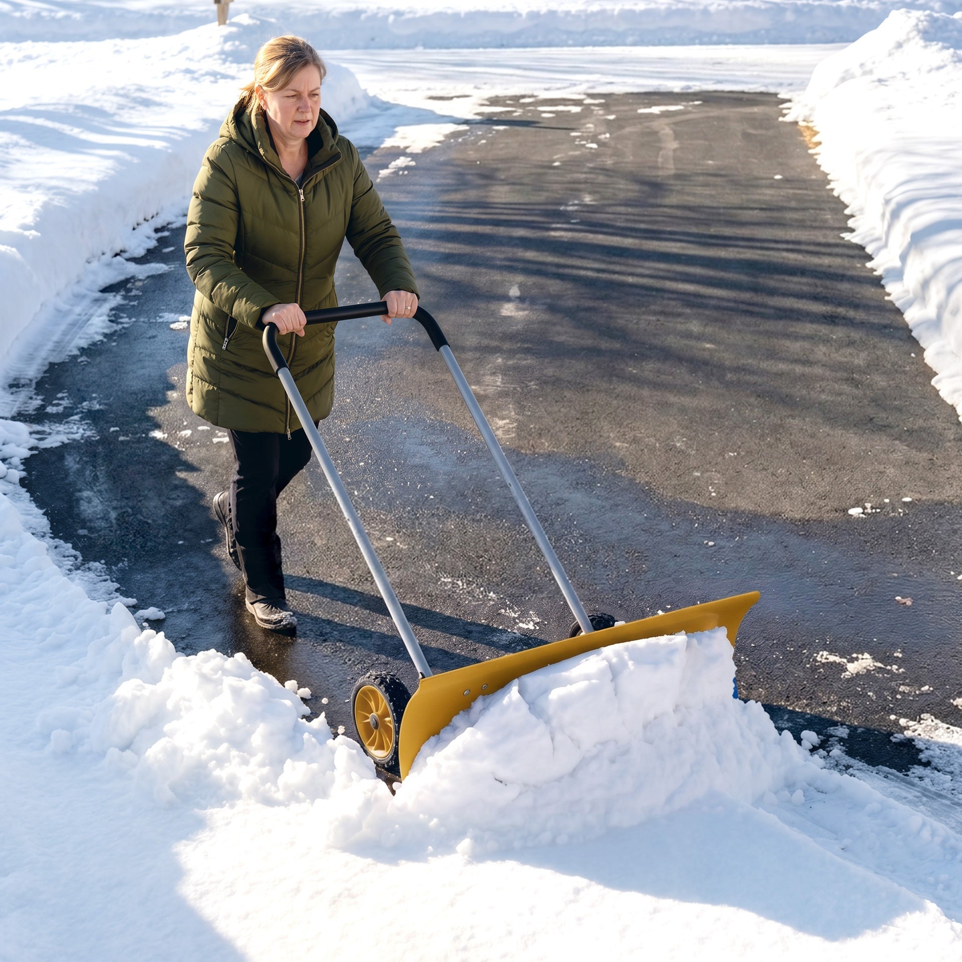 Outsunny 37-Inch Extra Wide Snow Shovel with Wheels, Heavy Duty Aluminum Snow Pusher with Ergonomic Adjustable Handle, Yellow