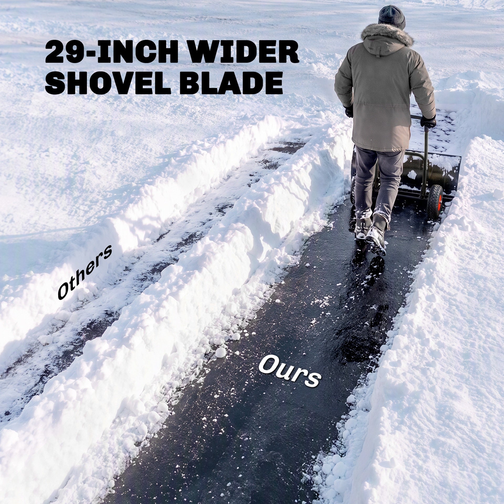 Outsunny Snow Shovel with Wheels, 29" x 16.5" Metal Snow Pusher with Adjustable Handle, 5-Angle Blade for Driveway, Black