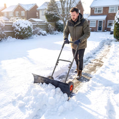 Outsunny Snow Shovel with Wheels, 29" x 16.5" Metal Snow Pusher with Adjustable Handle, 5-Angle Blade for Driveway, Black