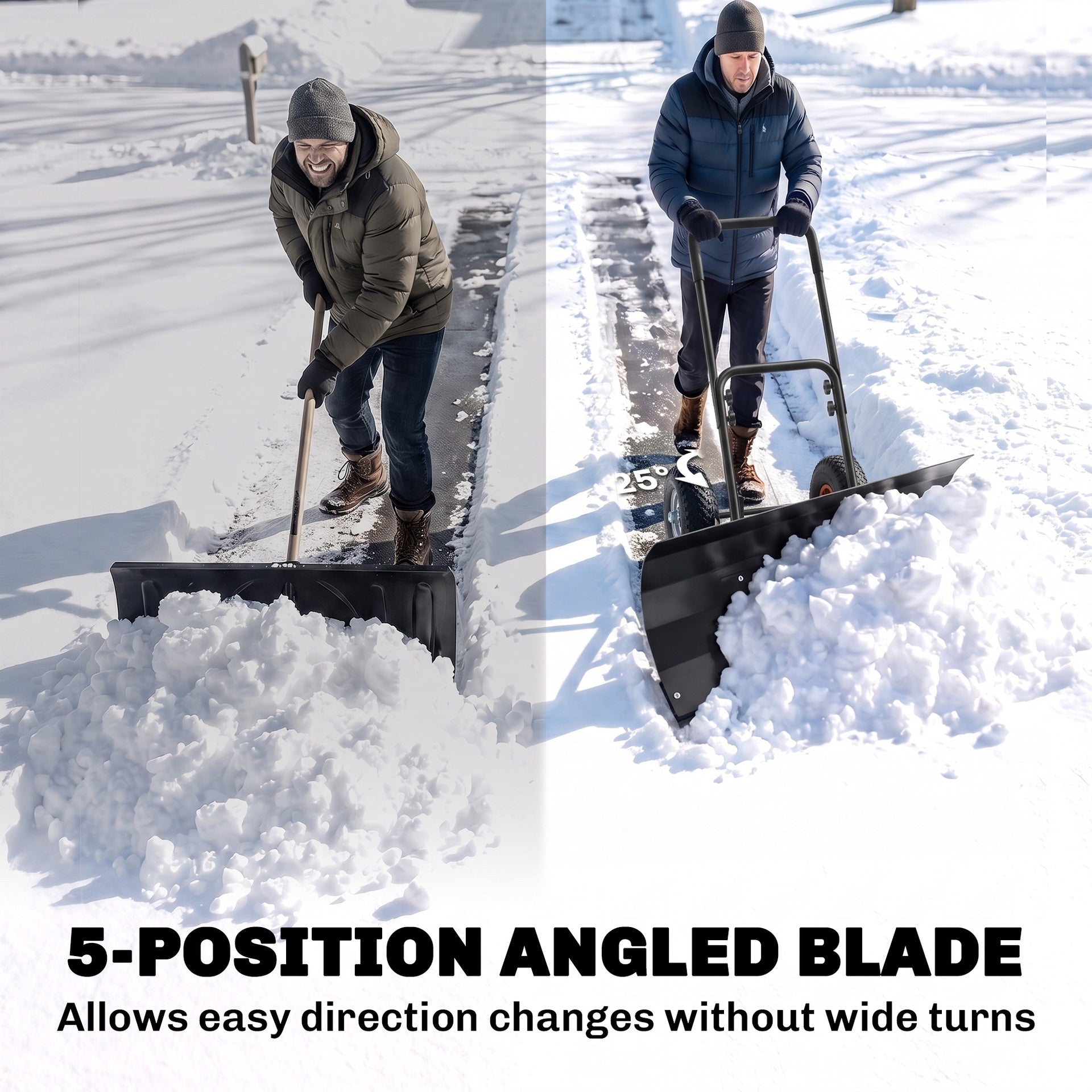 Outsunny Snow Shovel with Wheels, 29" x 16.5" Metal Snow Pusher with Adjustable Handle, 5-Angle Blade for Driveway, Black