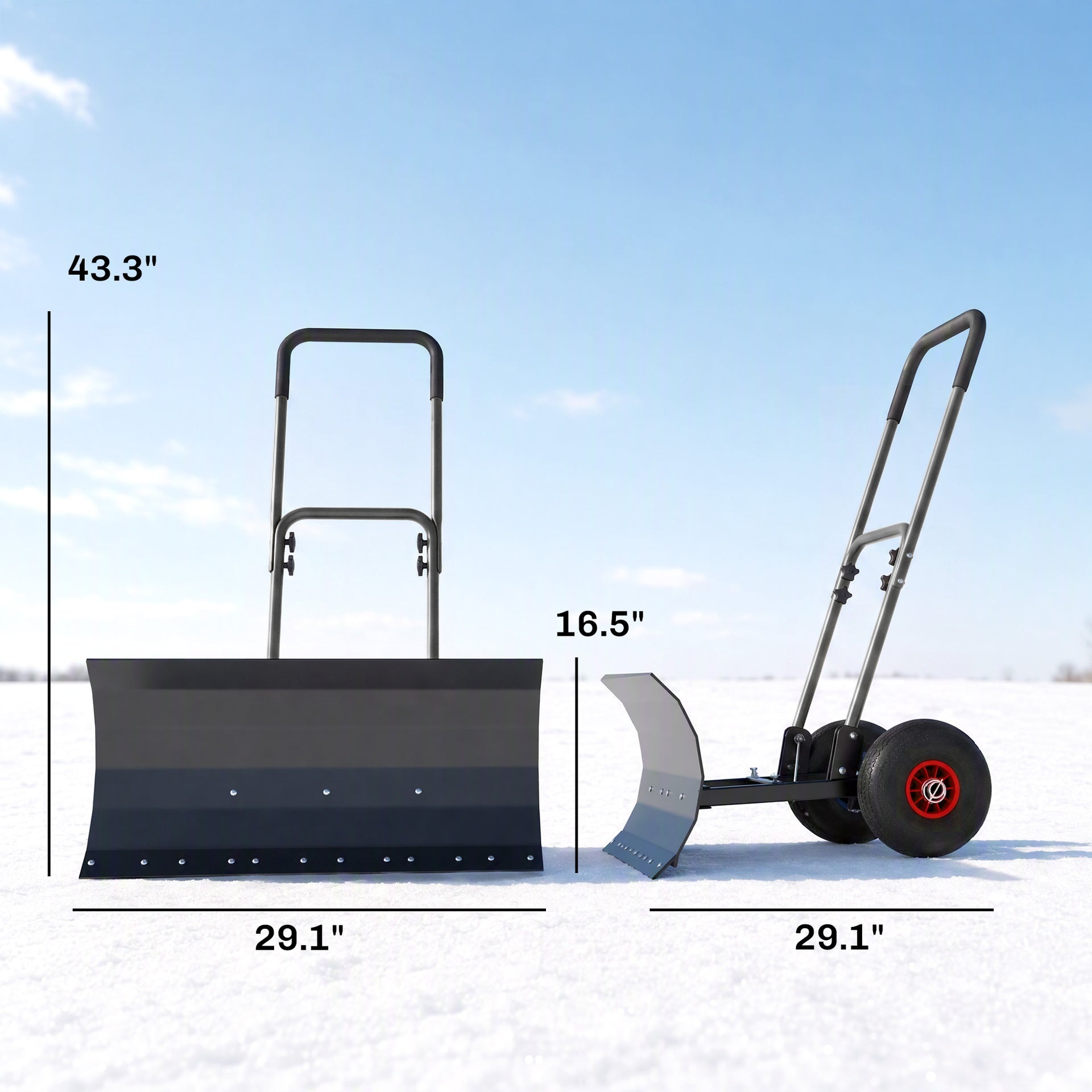 Outsunny Snow Shovel with Wheels, 29" x 16.5" Metal Snow Pusher with Adjustable Handle, 5-Angle Blade for Driveway, Black