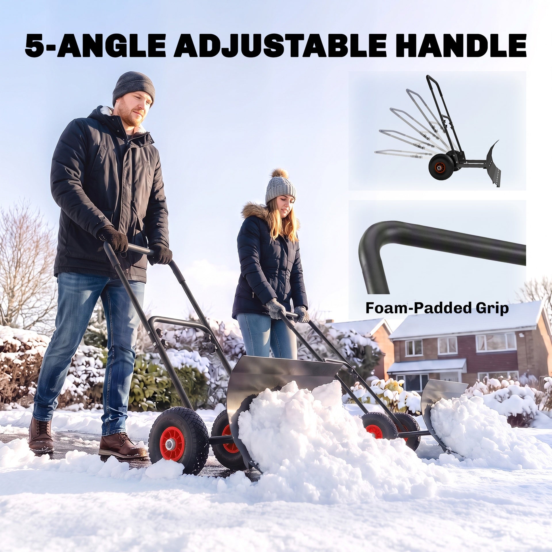 Outsunny Snow Shovel with Wheels, 29" x 16.5" Metal Snow Pusher with Adjustable Handle, 5-Angle Blade for Driveway, Black