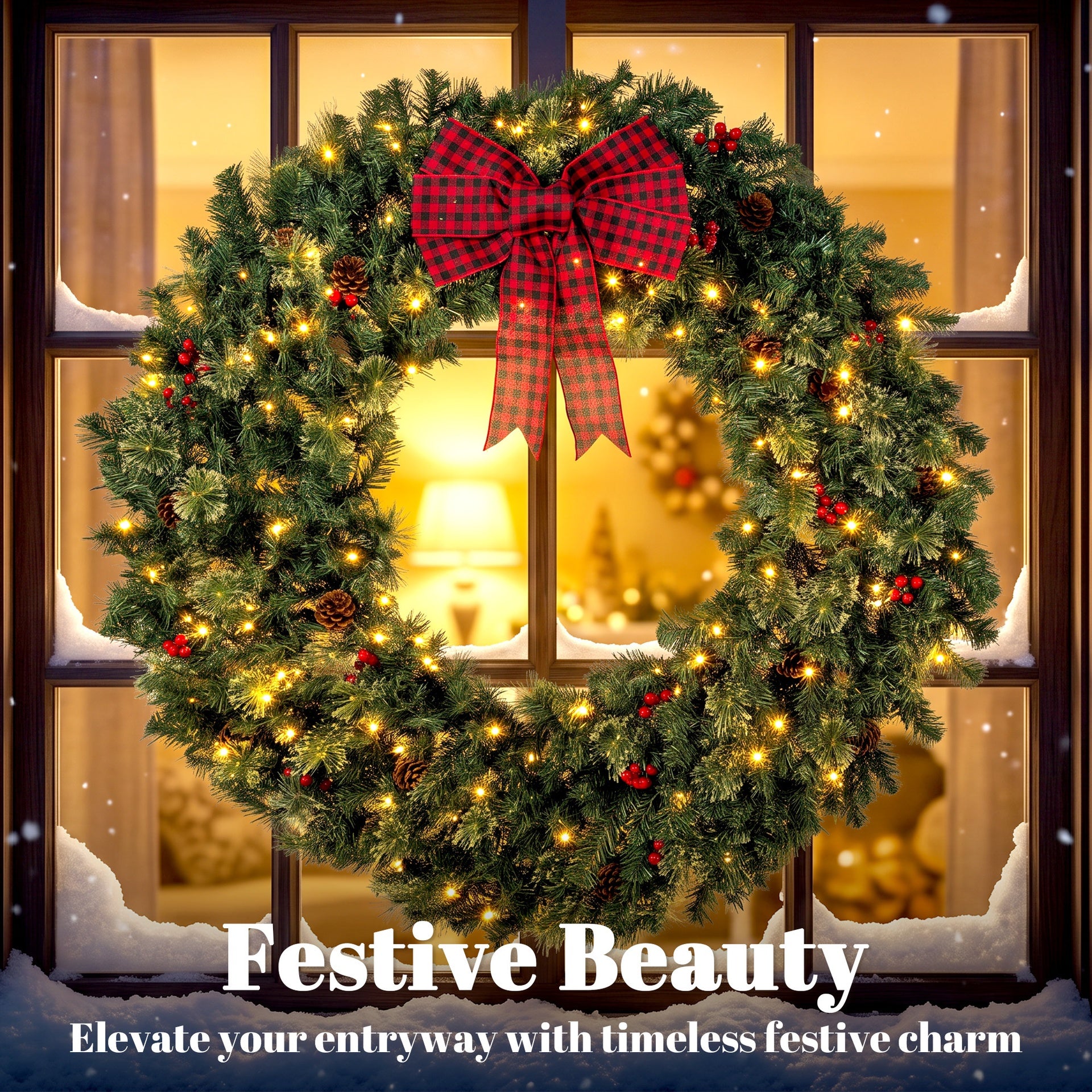 HOMCOM 48" Prelit Crestwood Spruce Artificial Christmas Wreath, Christmas Decor with Bow, 8 Modes, Red Berries, Pinecones