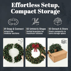 HOMCOM 48" Prelit Crestwood Spruce Artificial Christmas Wreath, Christmas Decor with Bow, 8 Modes, Red Berries, Pinecones