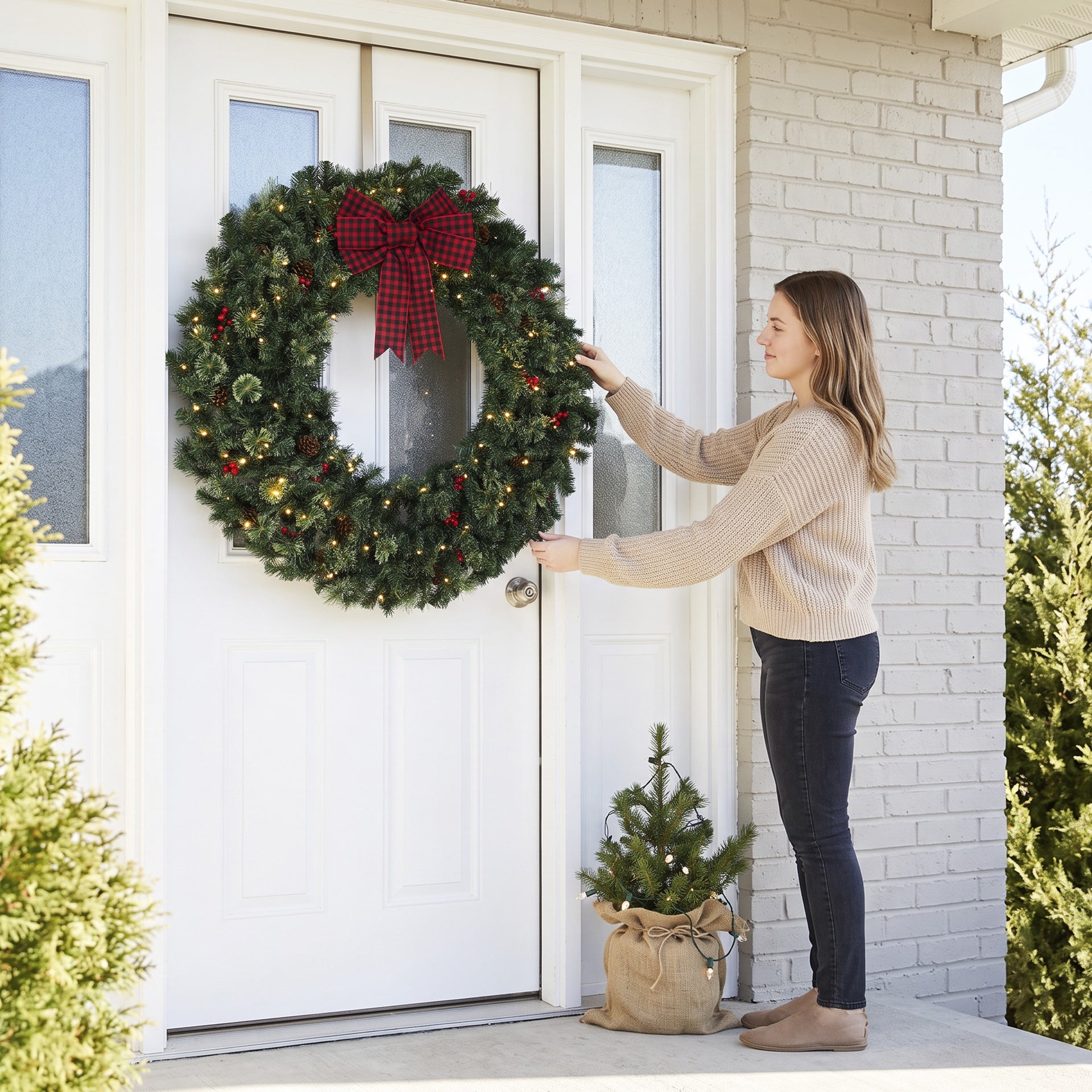 HOMCOM 48" Prelit Crestwood Spruce Artificial Christmas Wreath, Christmas Decor with Bow, 8 Modes, Red Berries, Pinecones