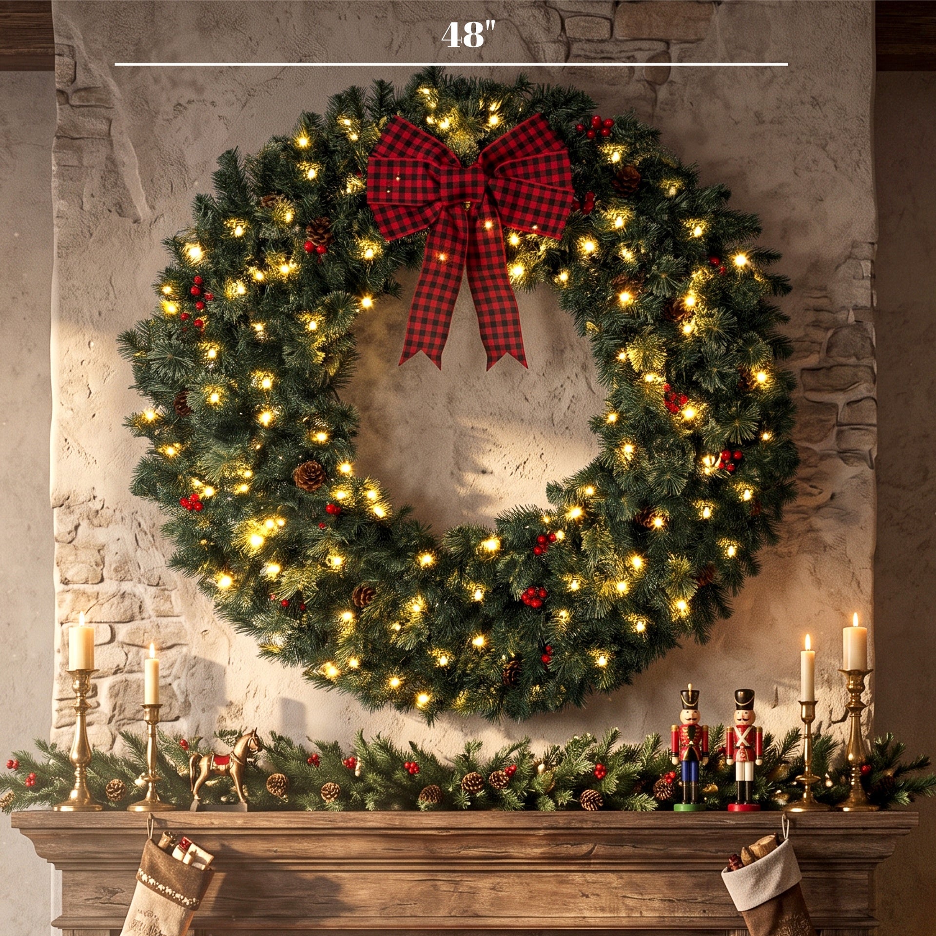 HOMCOM 48" Prelit Crestwood Spruce Artificial Christmas Wreath, Christmas Decor with Bow, 8 Modes, Red Berries, Pinecones