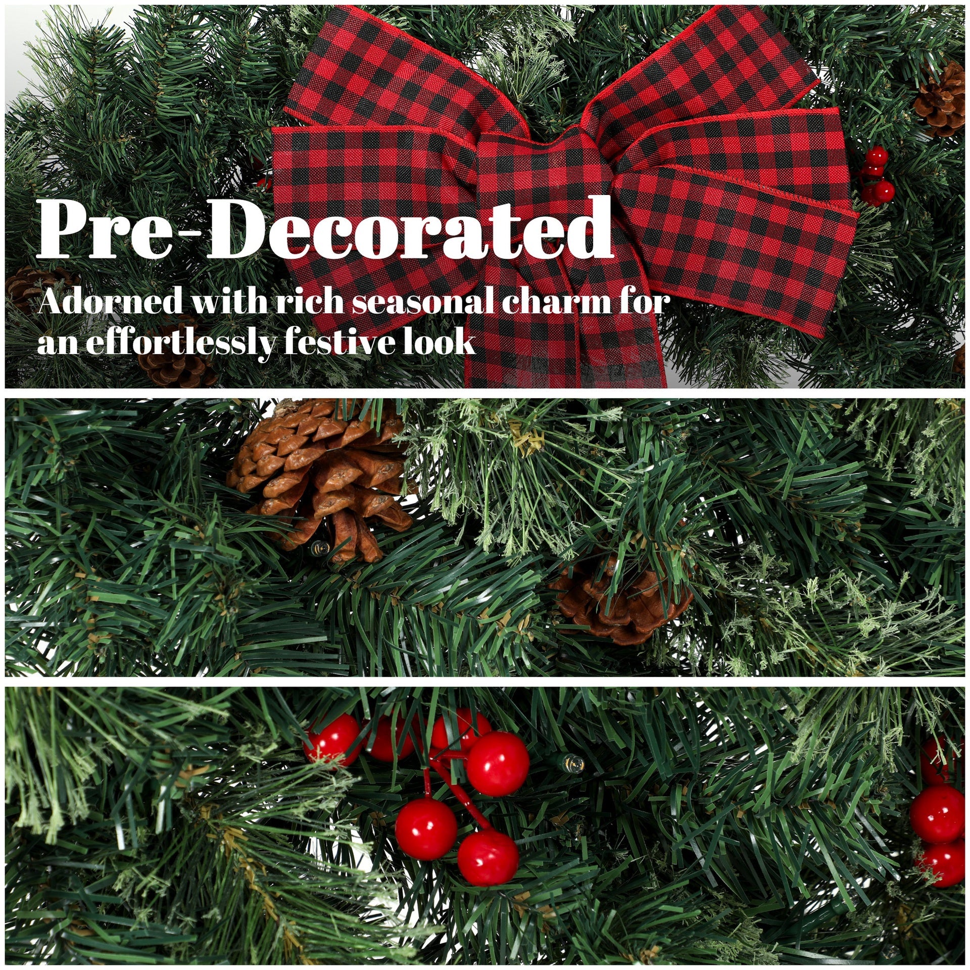 HOMCOM 48" Prelit Crestwood Spruce Artificial Christmas Wreath, Christmas Decor with Bow, 8 Modes, Red Berries, Pinecones