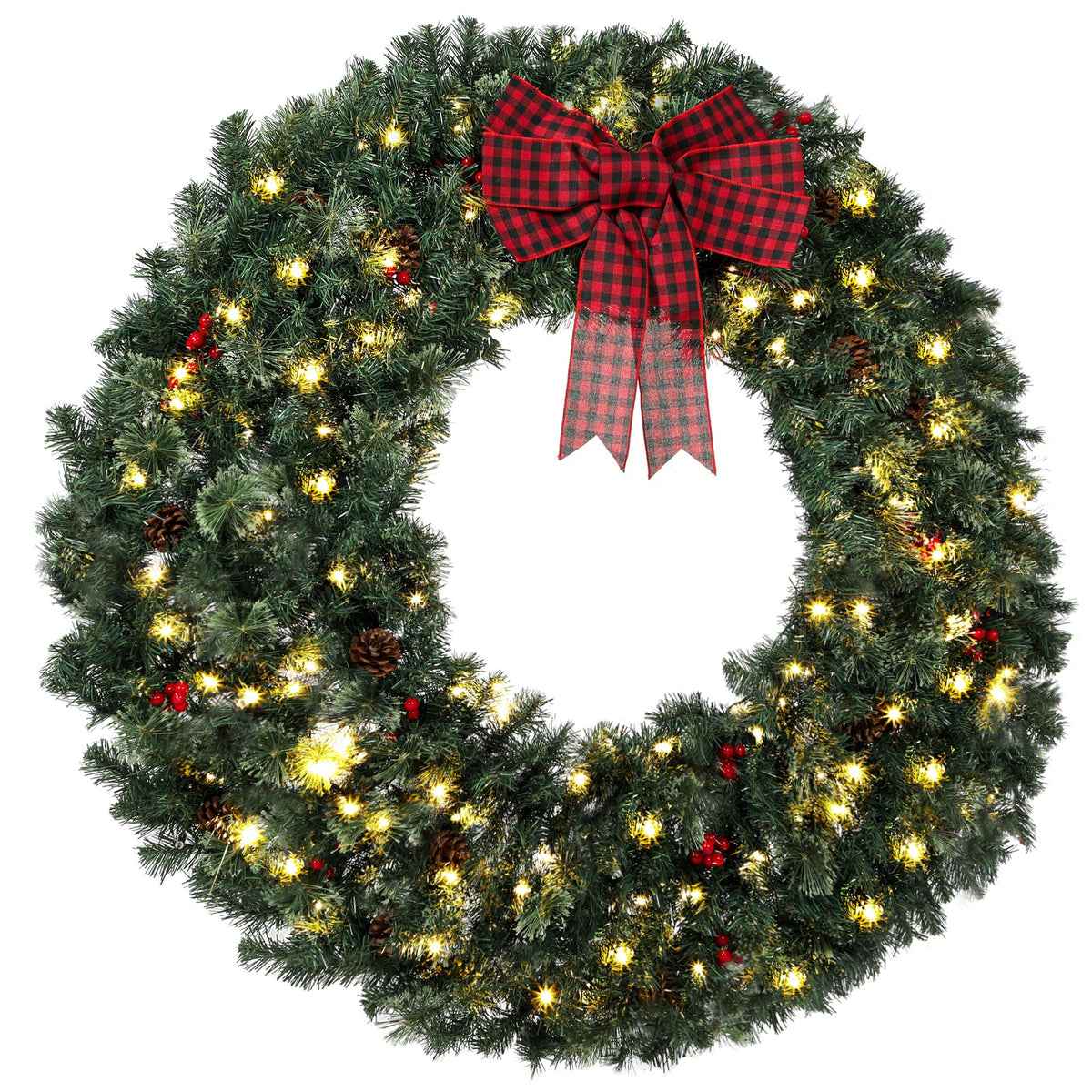 HOMCOM 48" Prelit Crestwood Spruce Artificial Christmas Wreath, Christmas Decor with Bow, 8 Modes, Red Berries, Pinecones