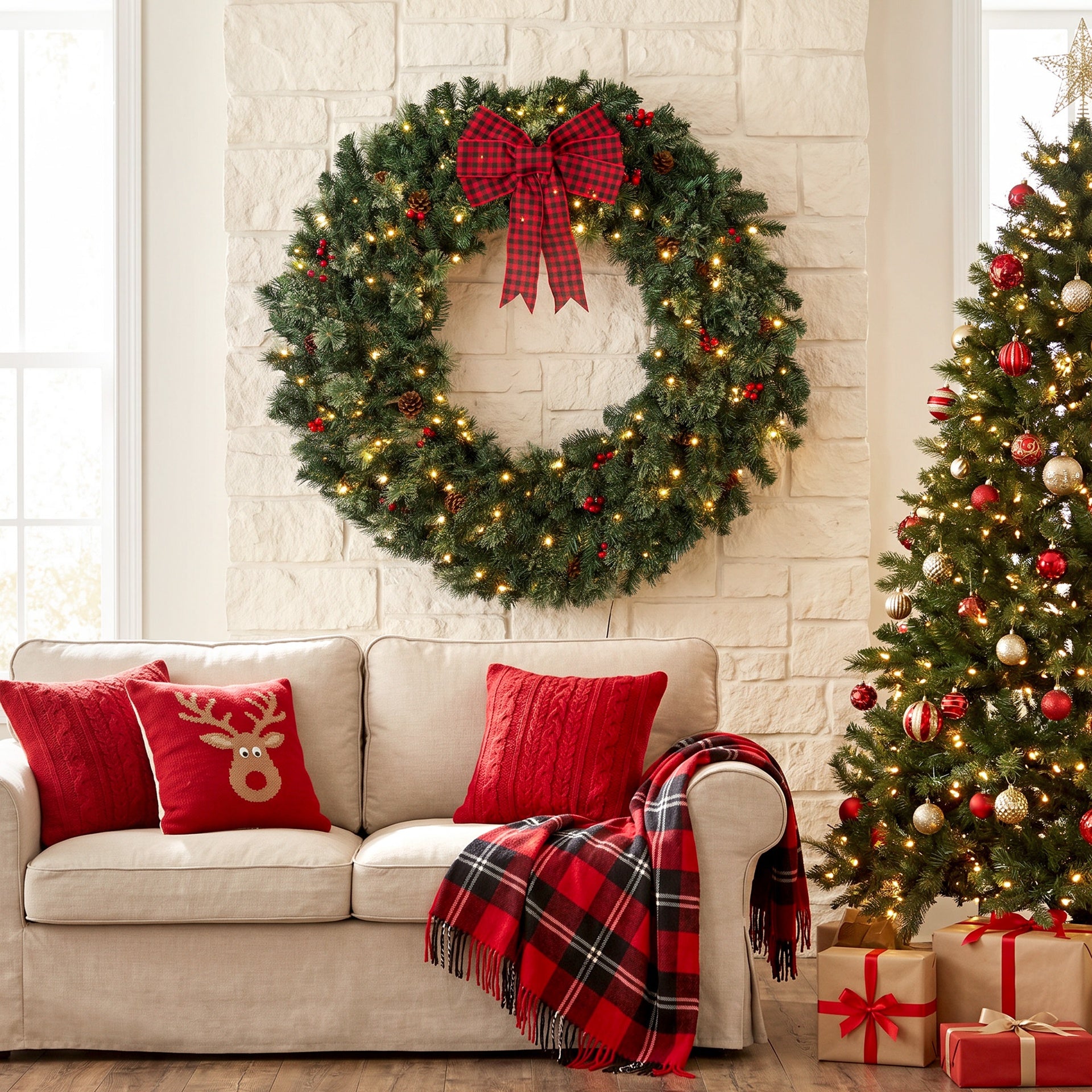 HOMCOM 48" Prelit Crestwood Spruce Artificial Christmas Wreath, Christmas Decor with Bow, 8 Modes, Red Berries, Pinecones