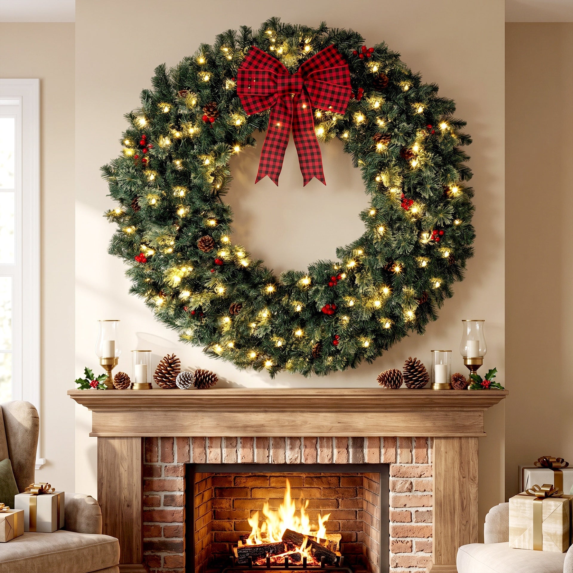 HOMCOM 48" Prelit Crestwood Spruce Artificial Christmas Wreath, Christmas Decor with Bow, 8 Modes, Red Berries, Pinecones