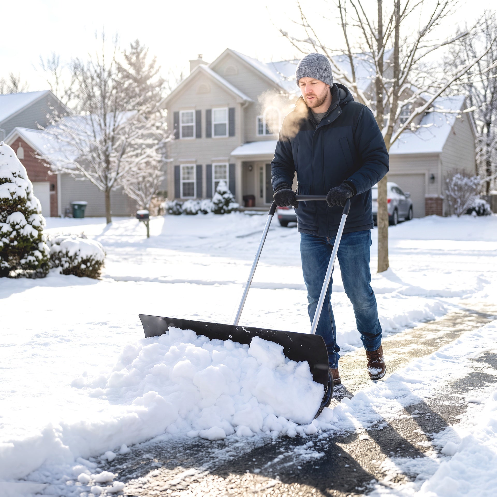 Outsunny 37-Inch Extra Wide Snow Shovel with Wheels, Heavy Duty Aluminum Snow Pusher with Ergonomic Adjustable Handle, Black