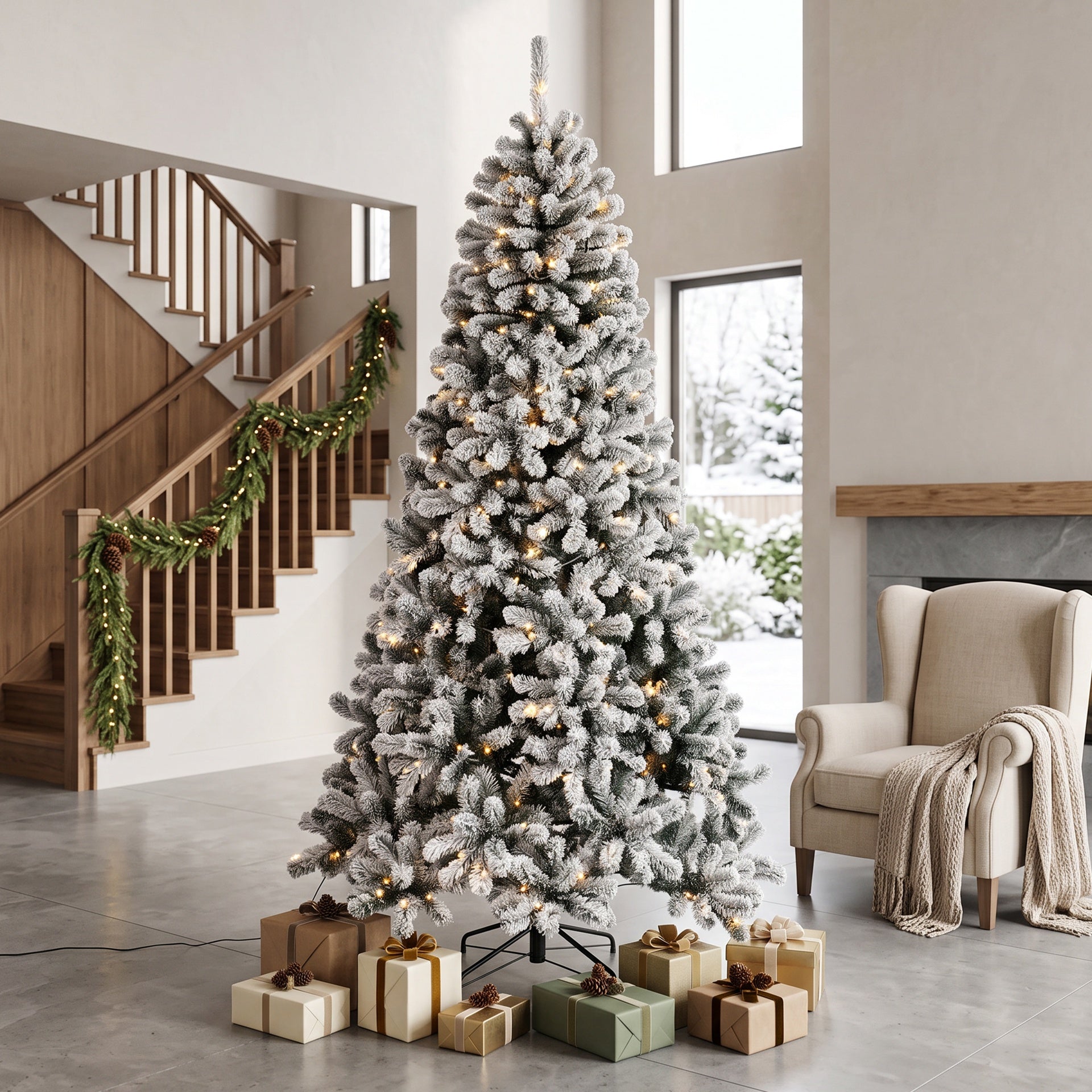 HOMCOM 6ft Flocked Prelit Christmas Tree, Northern Pine, Artificial Xmas Tree with Curved Tips, LEDs