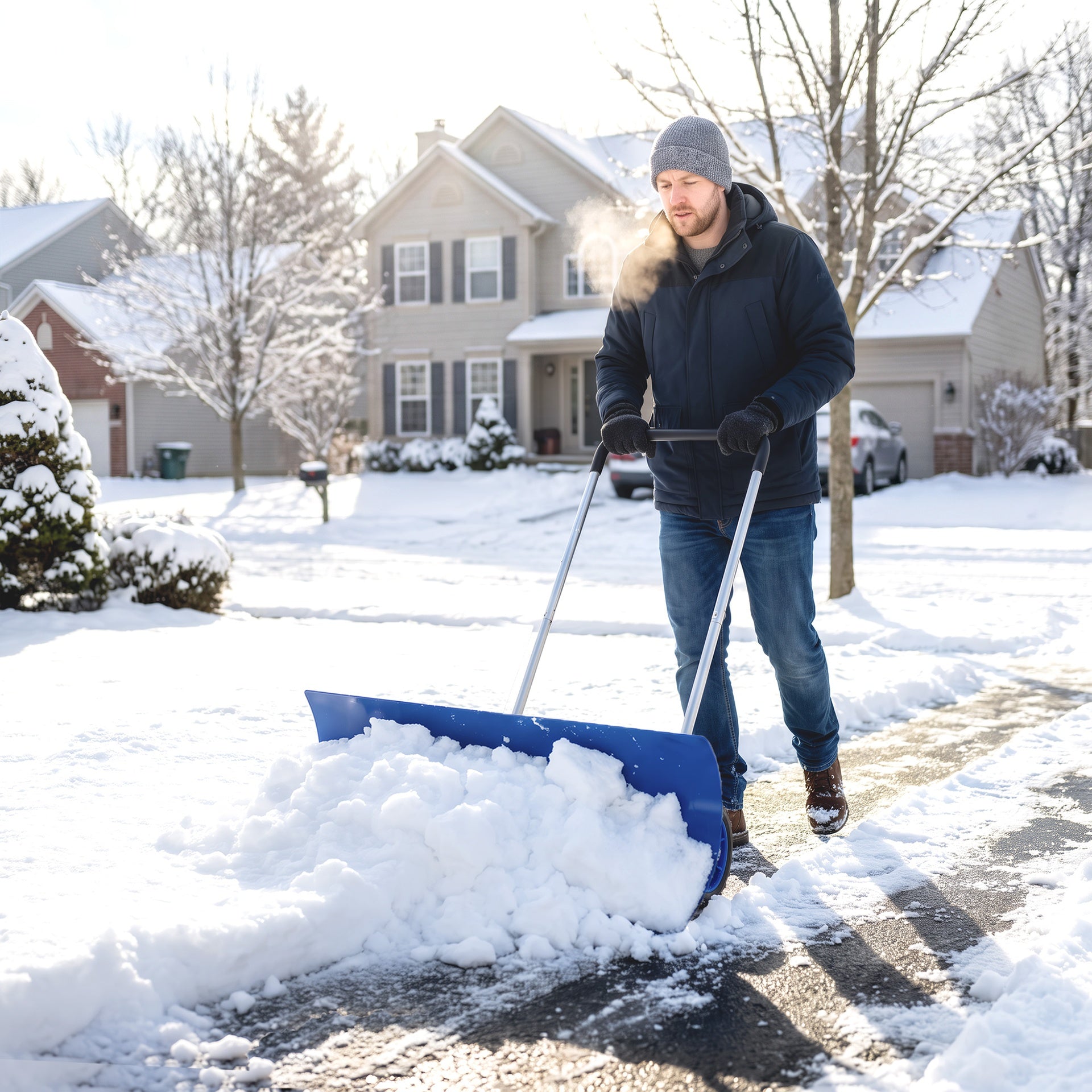 Outsunny 37-Inch Extra Wide Snow Shovel with Wheels, Heavy Duty Aluminum Snow Pusher with Ergonomic Adjustable Handle, Blue