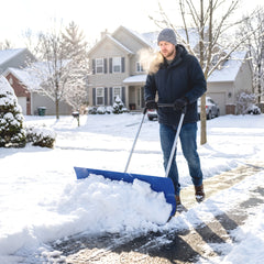 Outsunny 37-Inch Extra Wide Snow Shovel with Wheels, Heavy Duty Aluminum Snow Pusher with Ergonomic Adjustable Handle, Blue