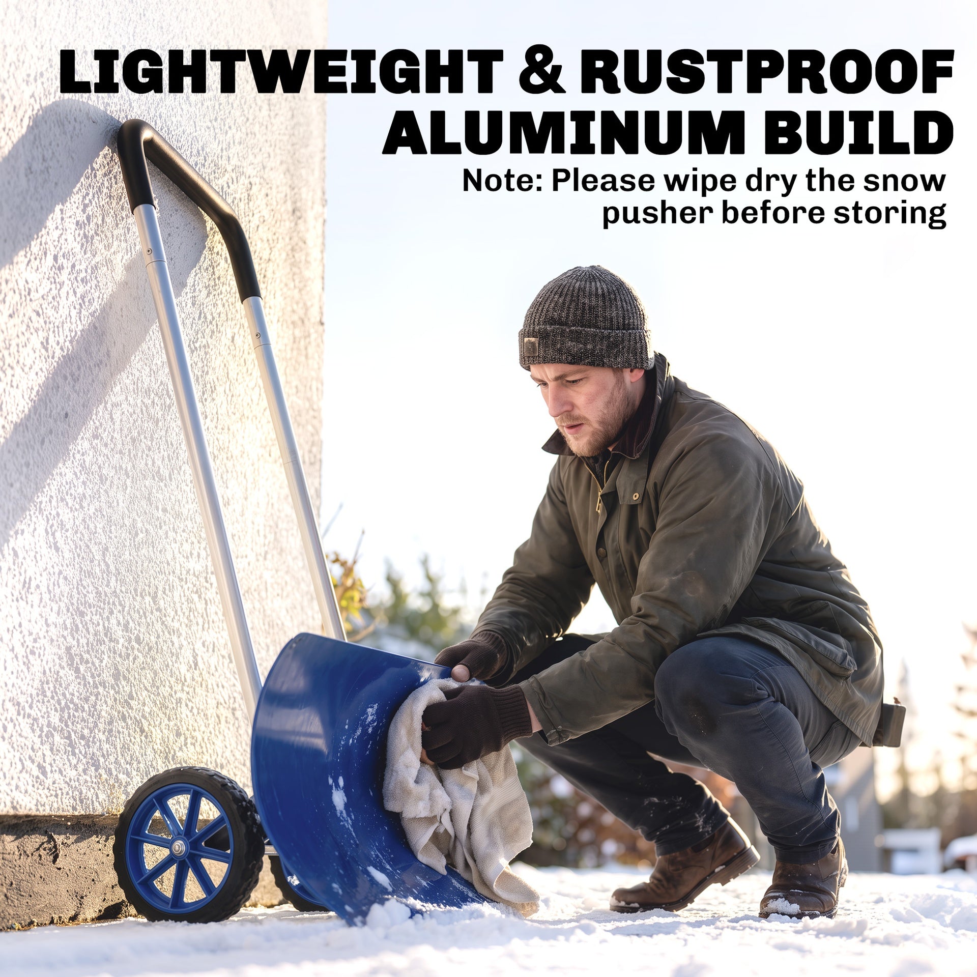 Outsunny 37-Inch Extra Wide Snow Shovel with Wheels, Heavy Duty Aluminum Snow Pusher with Ergonomic Adjustable Handle, Blue