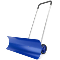 Outsunny 37-Inch Extra Wide Snow Shovel with Wheels, Heavy Duty Aluminum Snow Pusher with Ergonomic Adjustable Handle, Blue