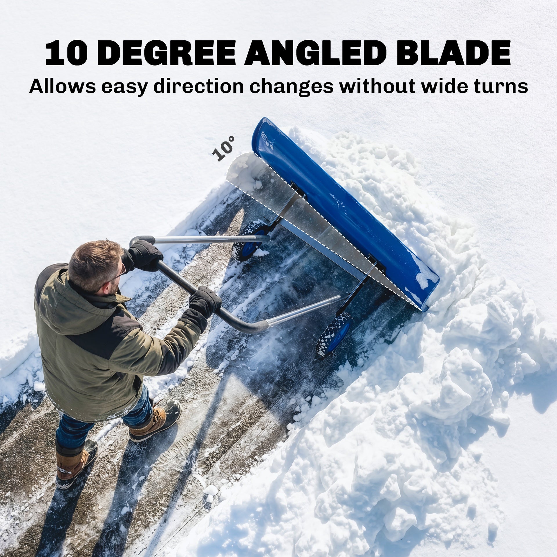 Outsunny 37-Inch Extra Wide Snow Shovel with Wheels, Heavy Duty Aluminum Snow Pusher with Ergonomic Adjustable Handle, Blue