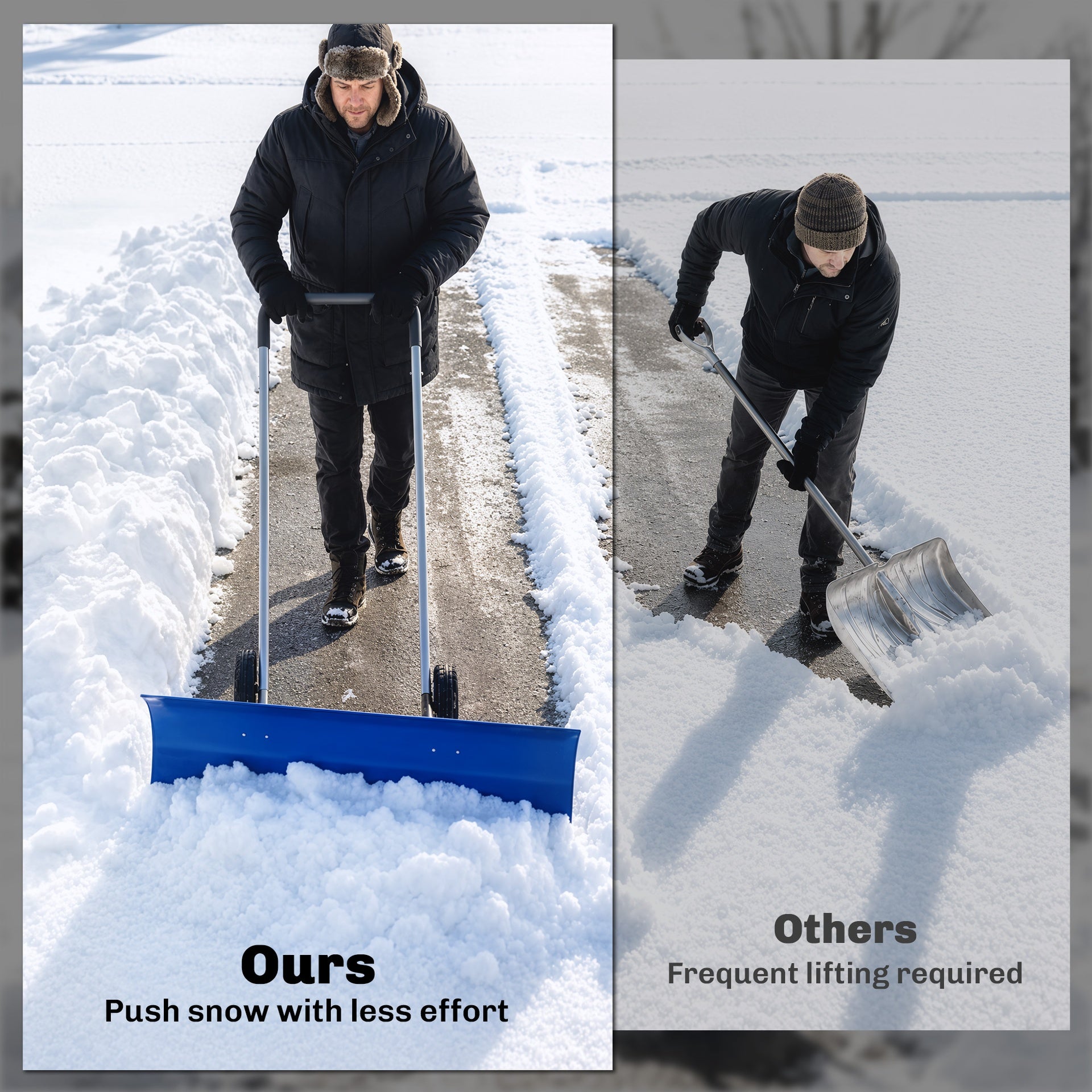 Outsunny 37-Inch Extra Wide Snow Shovel with Wheels, Heavy Duty Aluminum Snow Pusher with Ergonomic Adjustable Handle, Blue