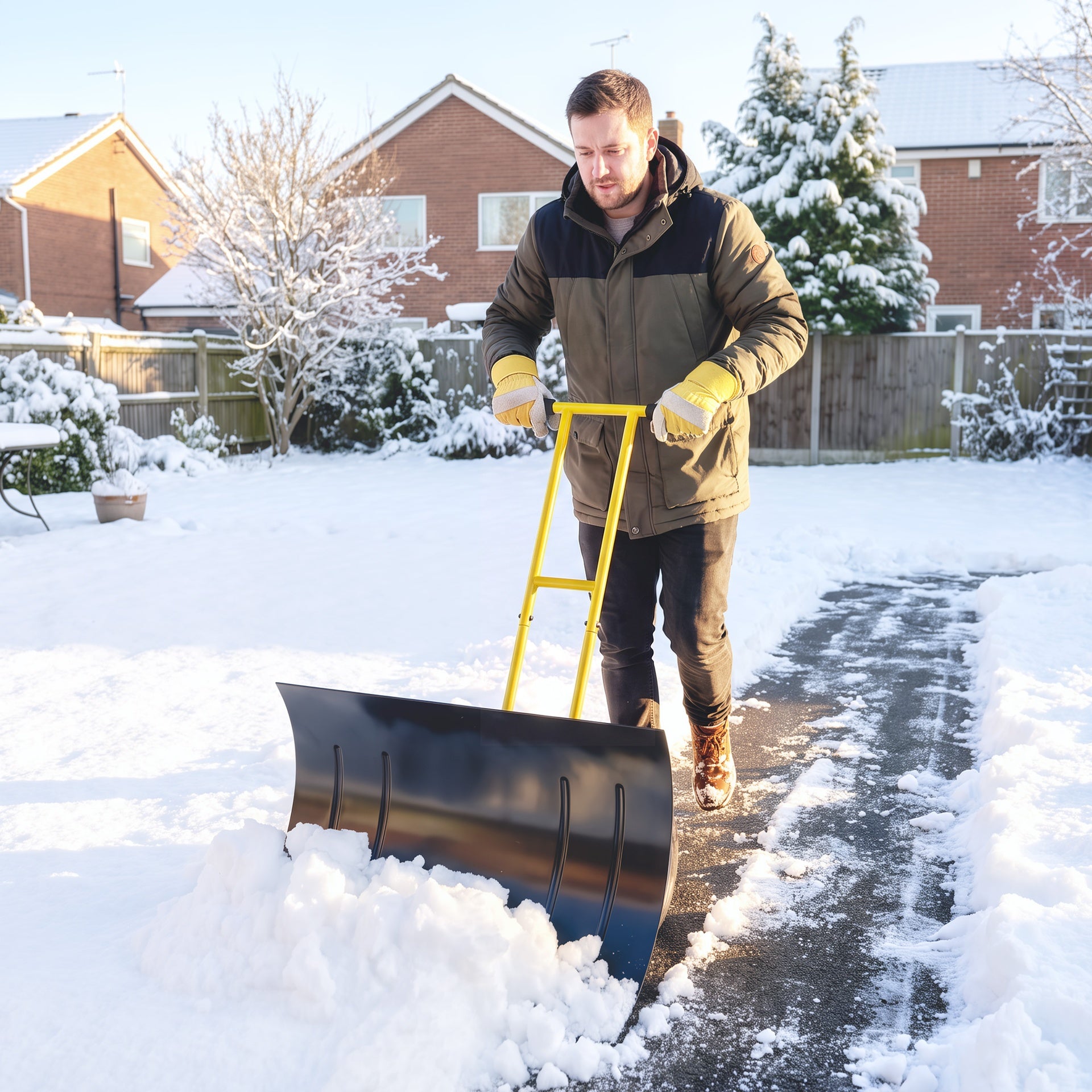 Outsunny Snow Shovel with Wheels, 29" Metal Snow Pusher with Adjustable Handle, 7-Angle Blade, Wear Strip for Driveway, Yellow