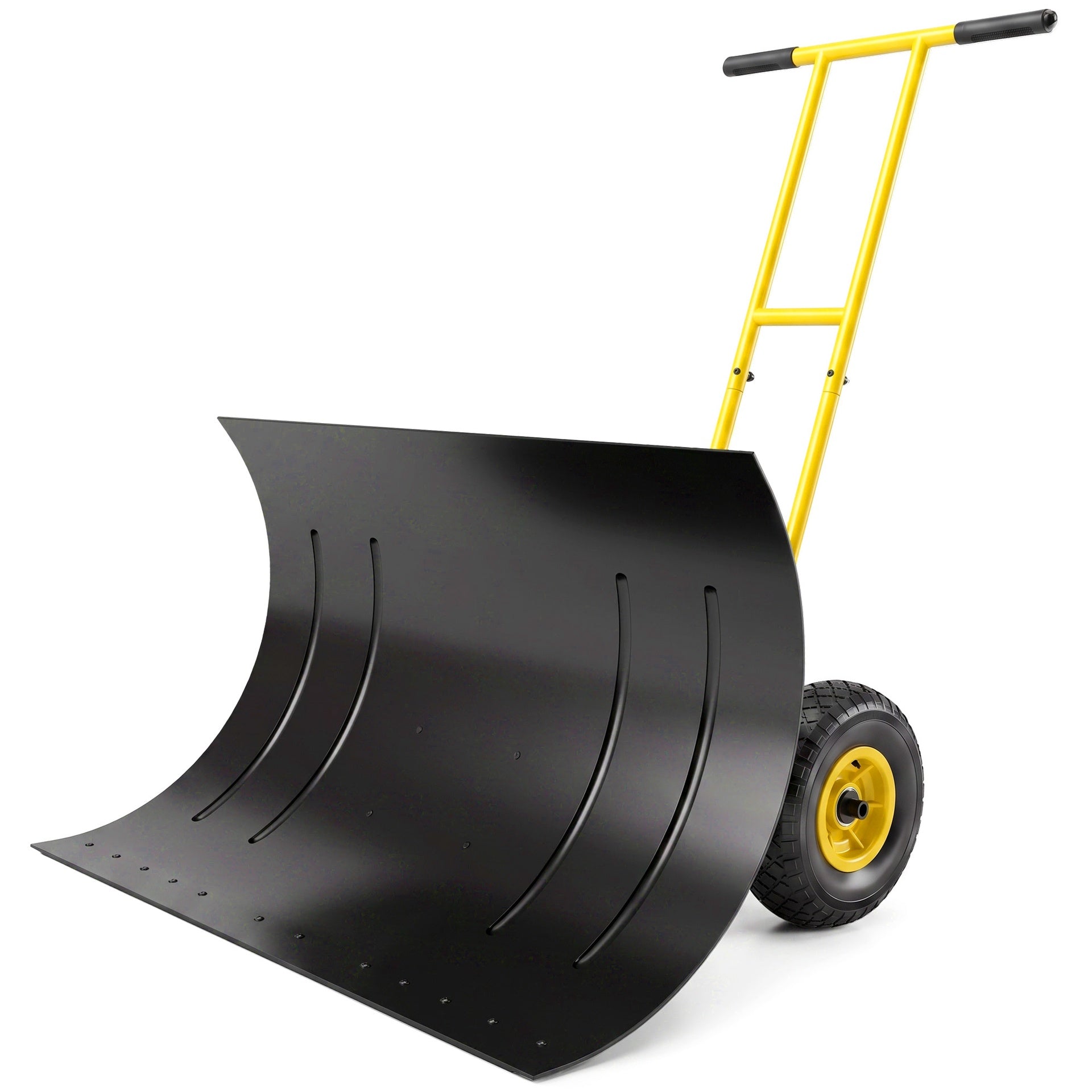 Outsunny Snow Shovel with Wheels, 29" Metal Snow Pusher with Adjustable Handle, 7-Angle Blade, Wear Strip for Driveway, Yellow