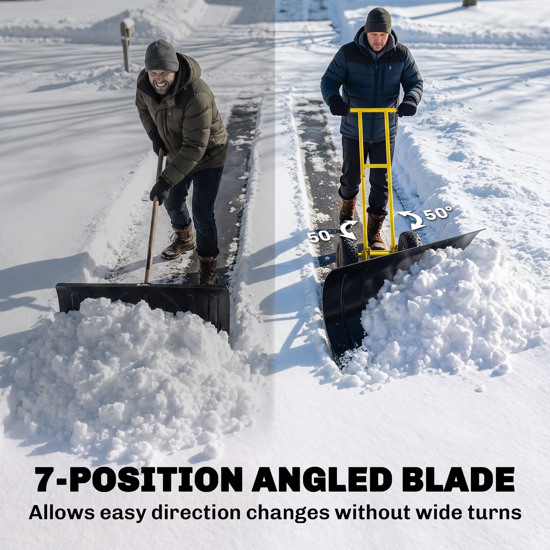 Outsunny Snow Shovel with Wheels, 29" Metal Snow Pusher with Adjustable Handle, 7-Angle Blade, Wear Strip for Driveway, Yellow