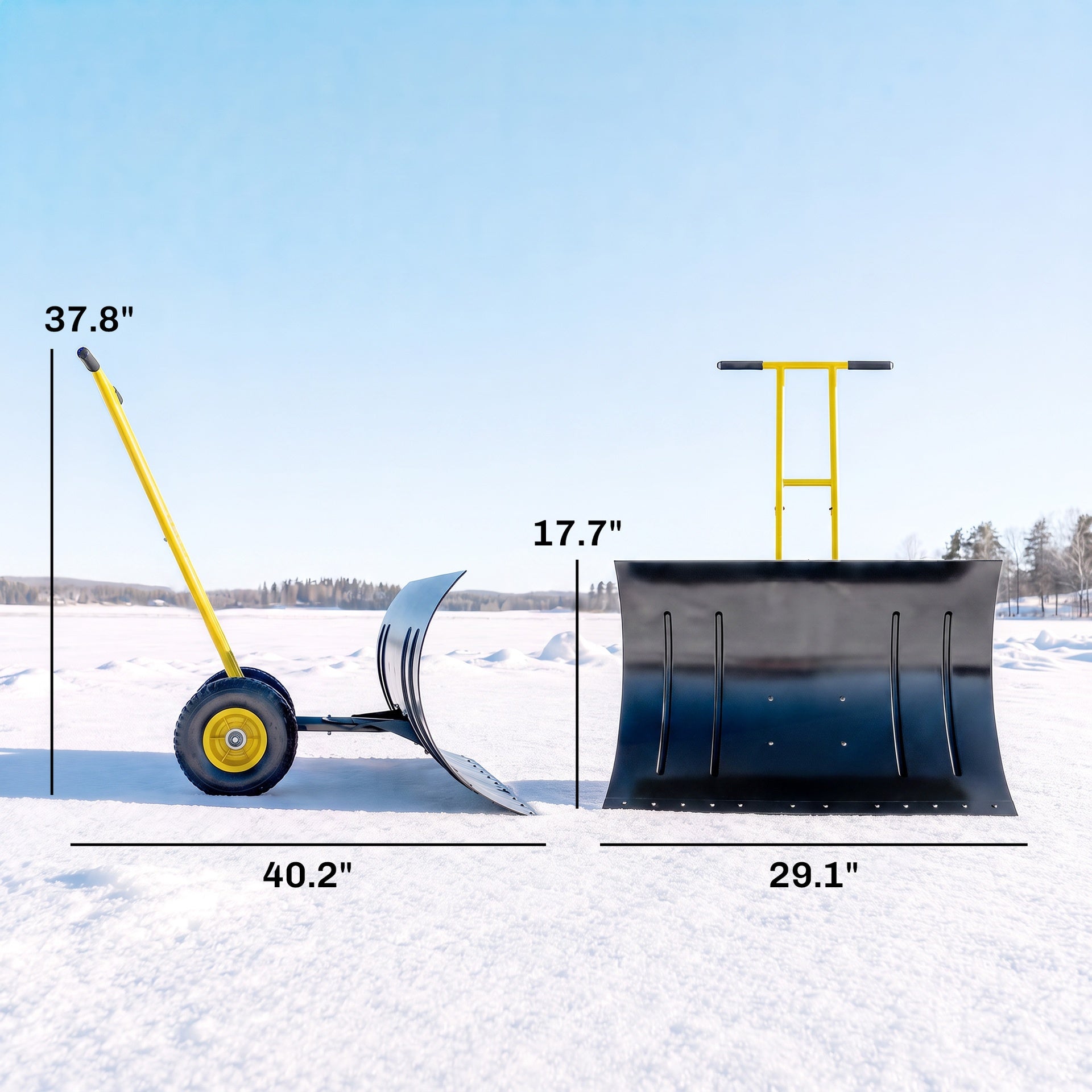Outsunny Snow Shovel with Wheels, 29" Metal Snow Pusher with Adjustable Handle, 7-Angle Blade, Wear Strip for Driveway, Yellow