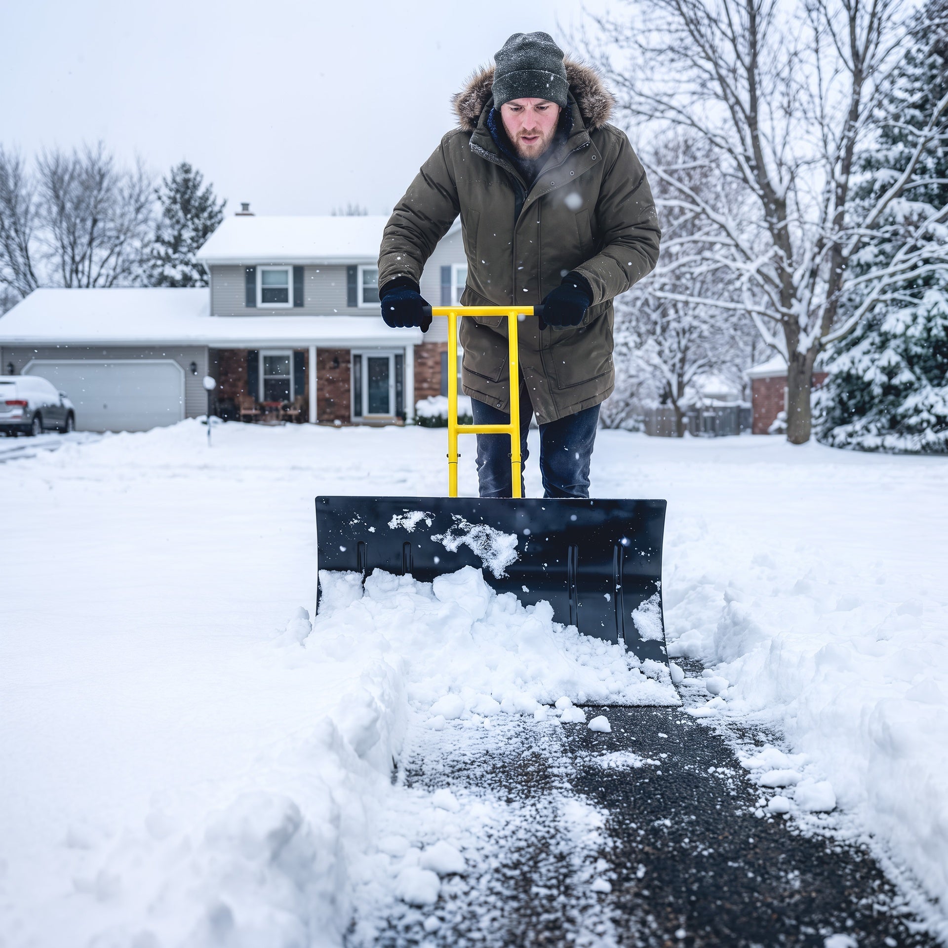 Outsunny Snow Shovel with Wheels, 29" Metal Snow Pusher with Adjustable Handle, 7-Angle Blade, Wear Strip for Driveway, Yellow