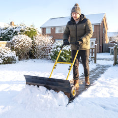 Outsunny Snow Shovel with Wheels, 29" x 16.5" Metal Snow Pusher with Adjustable Handle, 5-Angle Blade for Driveway, Yellow