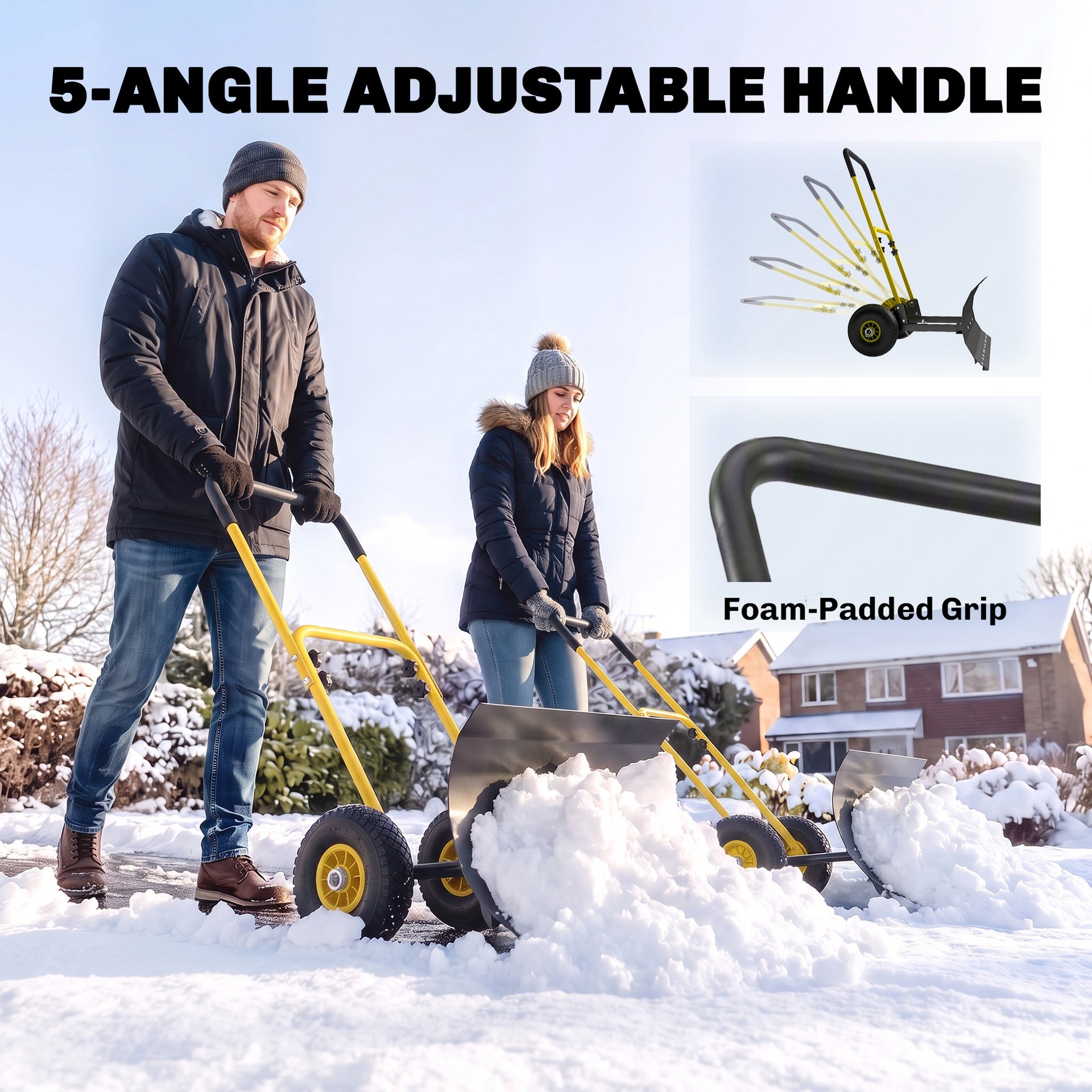 Outsunny Snow Shovel with Wheels, 29" x 16.5" Metal Snow Pusher with Adjustable Handle, 5-Angle Blade for Driveway, Yellow
