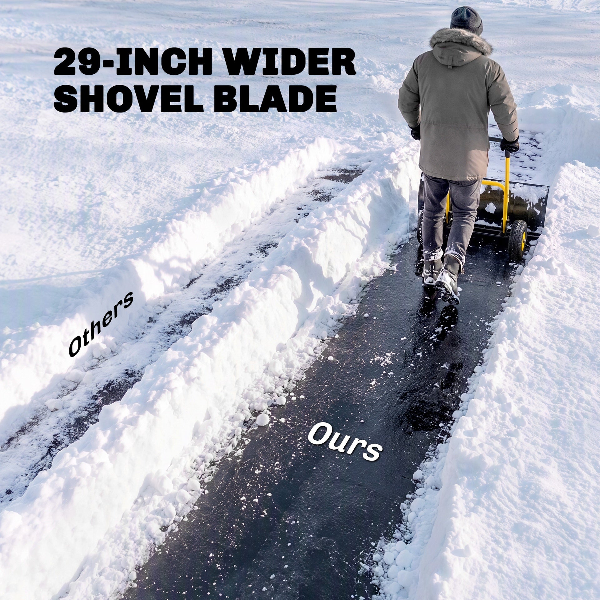 Outsunny Snow Shovel with Wheels, 29" x 16.5" Metal Snow Pusher with Adjustable Handle, 5-Angle Blade for Driveway, Yellow