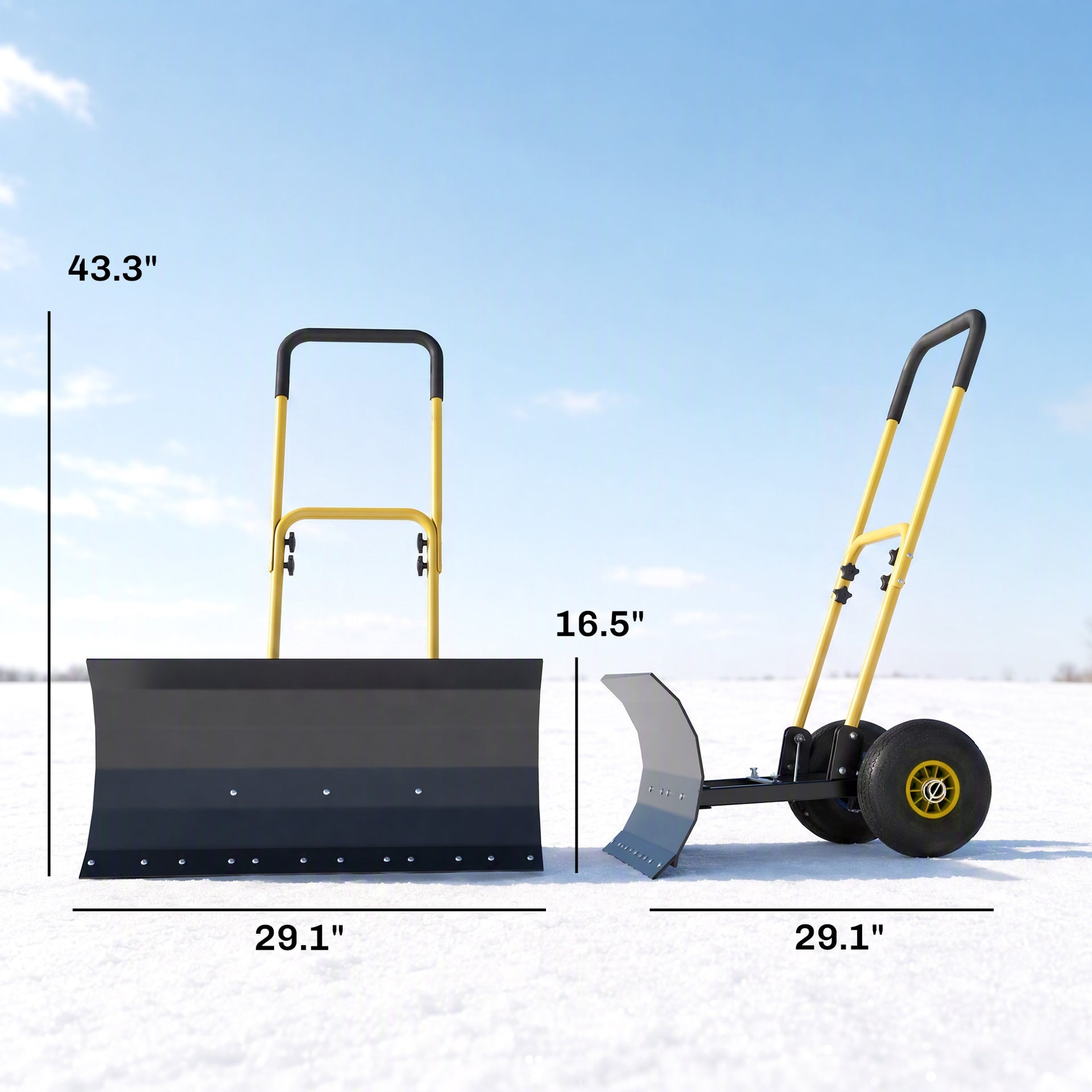Outsunny Snow Shovel with Wheels, 29" x 16.5" Metal Snow Pusher with Adjustable Handle, 5-Angle Blade for Driveway, Yellow
