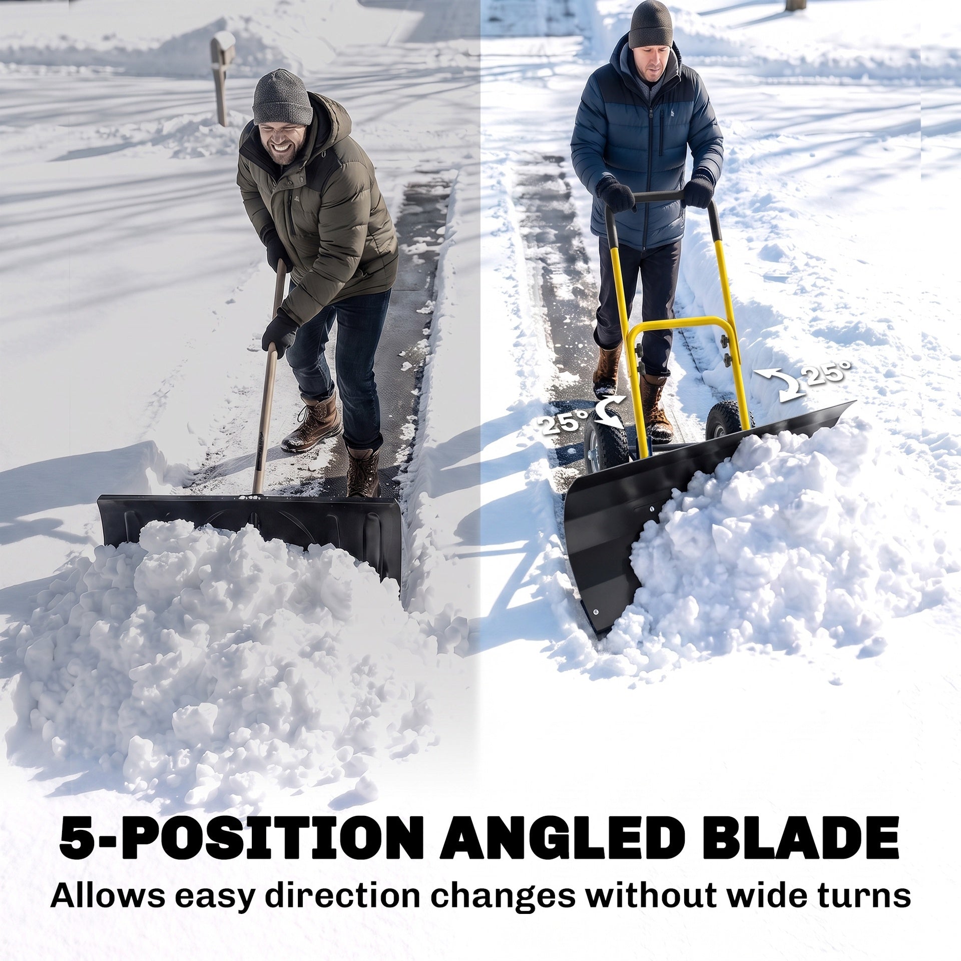 Outsunny Snow Shovel with Wheels, 29" x 16.5" Metal Snow Pusher with Adjustable Handle, 5-Angle Blade for Driveway, Yellow