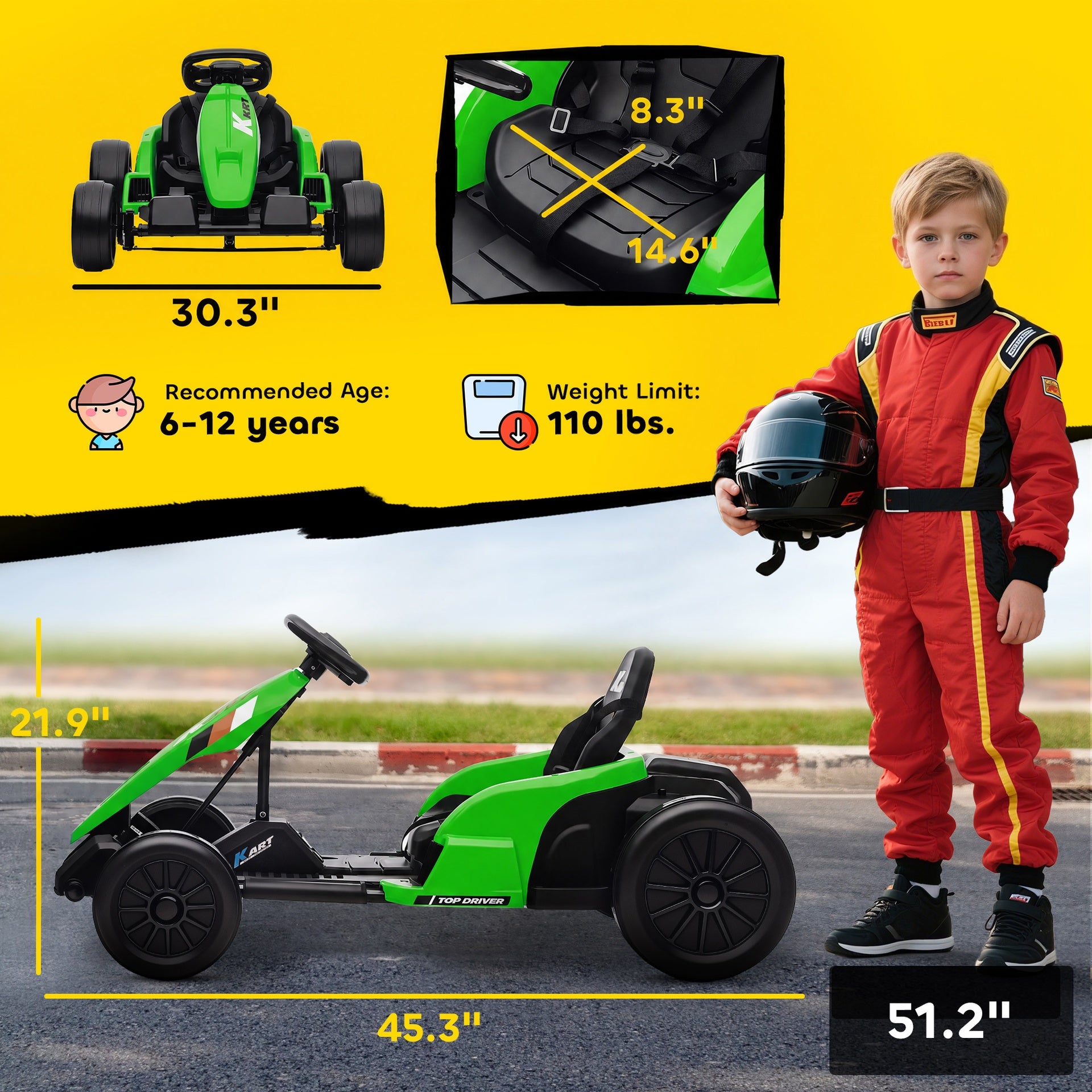 Qaba 24V Electric Go Kart with Dual 150W Motors, Adjustable Seat & 11.2MPH High Speed, Slow Start, 5-Point Harness, Green