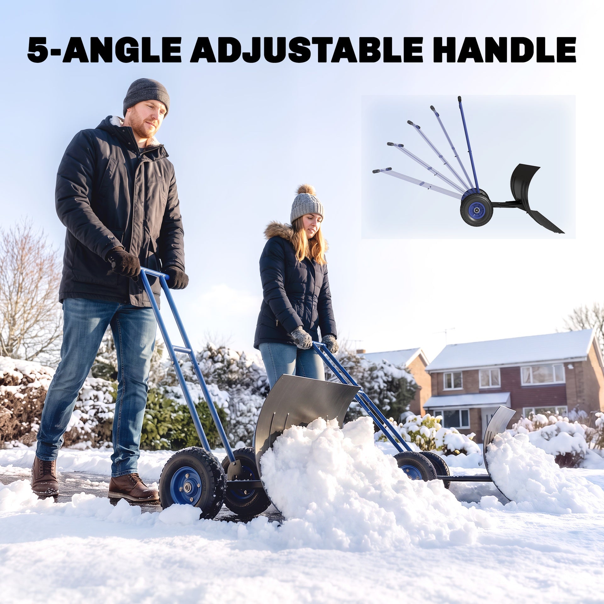 Outsunny Snow Shovel with Wheels, 29" Metal Snow Pusher with Adjustable Handle, 7-Angle Blade, Wear Strip for Driveway, Blue
