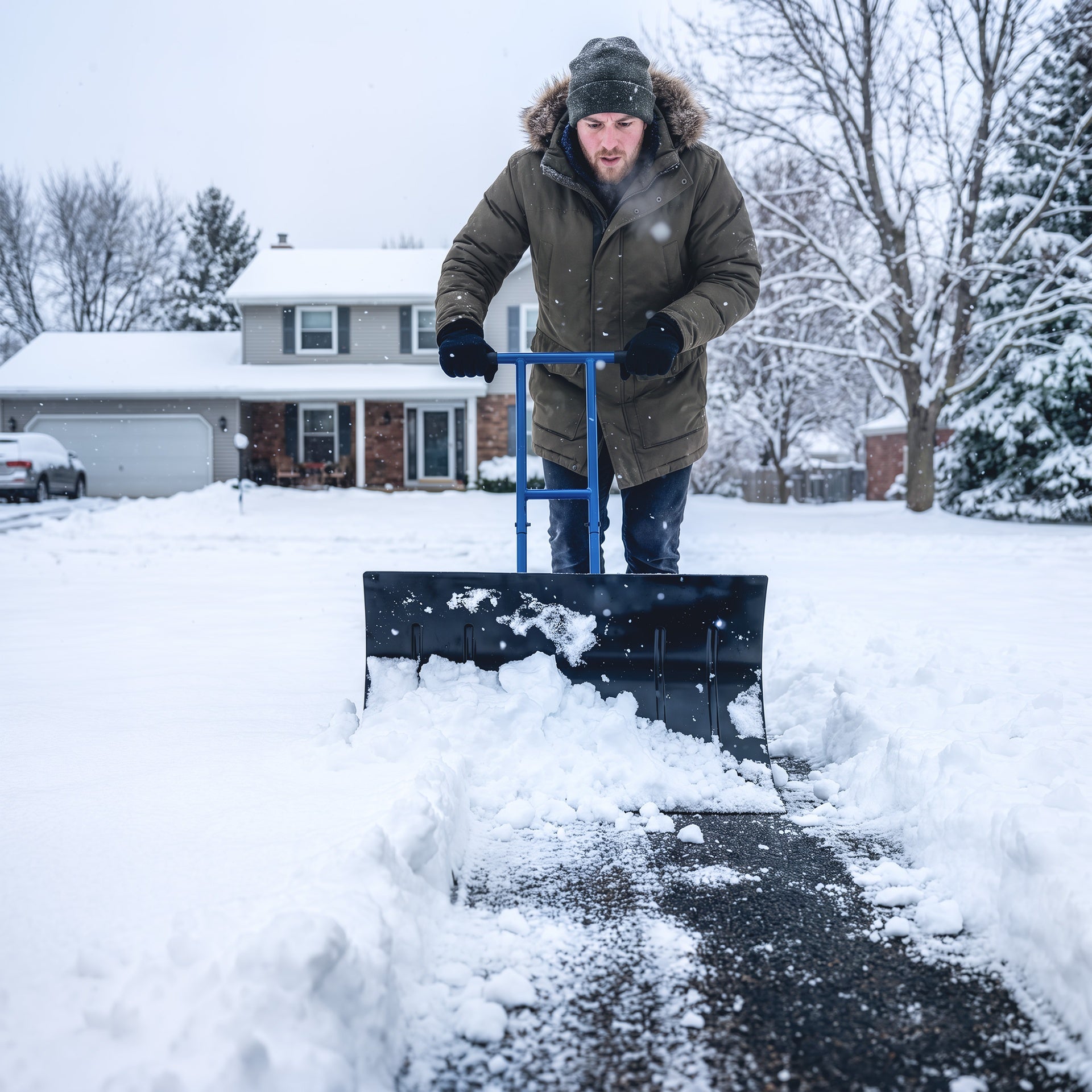 Outsunny Snow Shovel with Wheels, 29" Metal Snow Pusher with Adjustable Handle, 7-Angle Blade, Wear Strip for Driveway, Blue