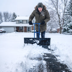 Outsunny Snow Shovel with Wheels, 29" Metal Snow Pusher with Adjustable Handle, 7-Angle Blade, Wear Strip for Driveway, Blue