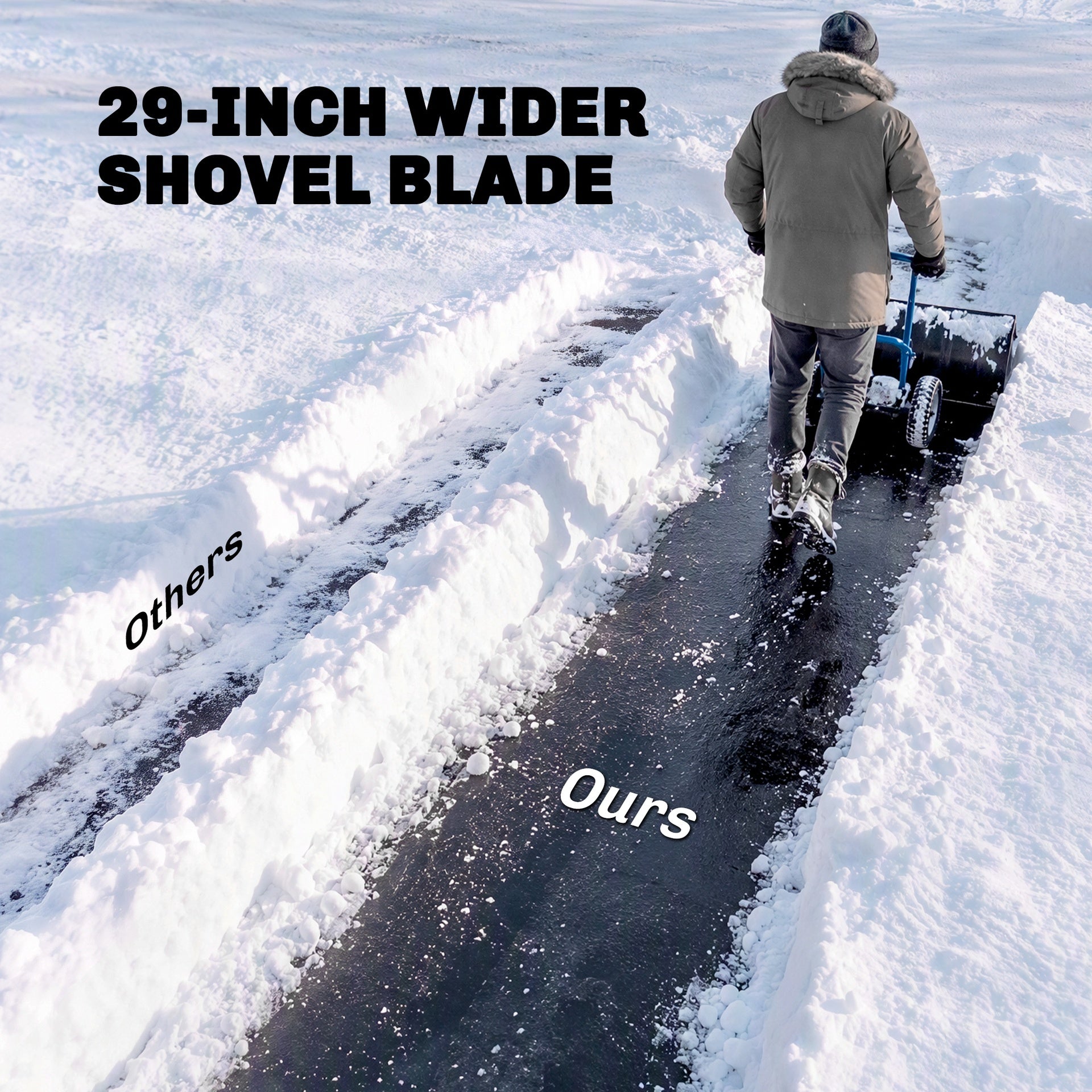 Outsunny Snow Shovel with Wheels, 29" Metal Snow Pusher with Adjustable Handle, 7-Angle Blade, Wear Strip for Driveway, Blue