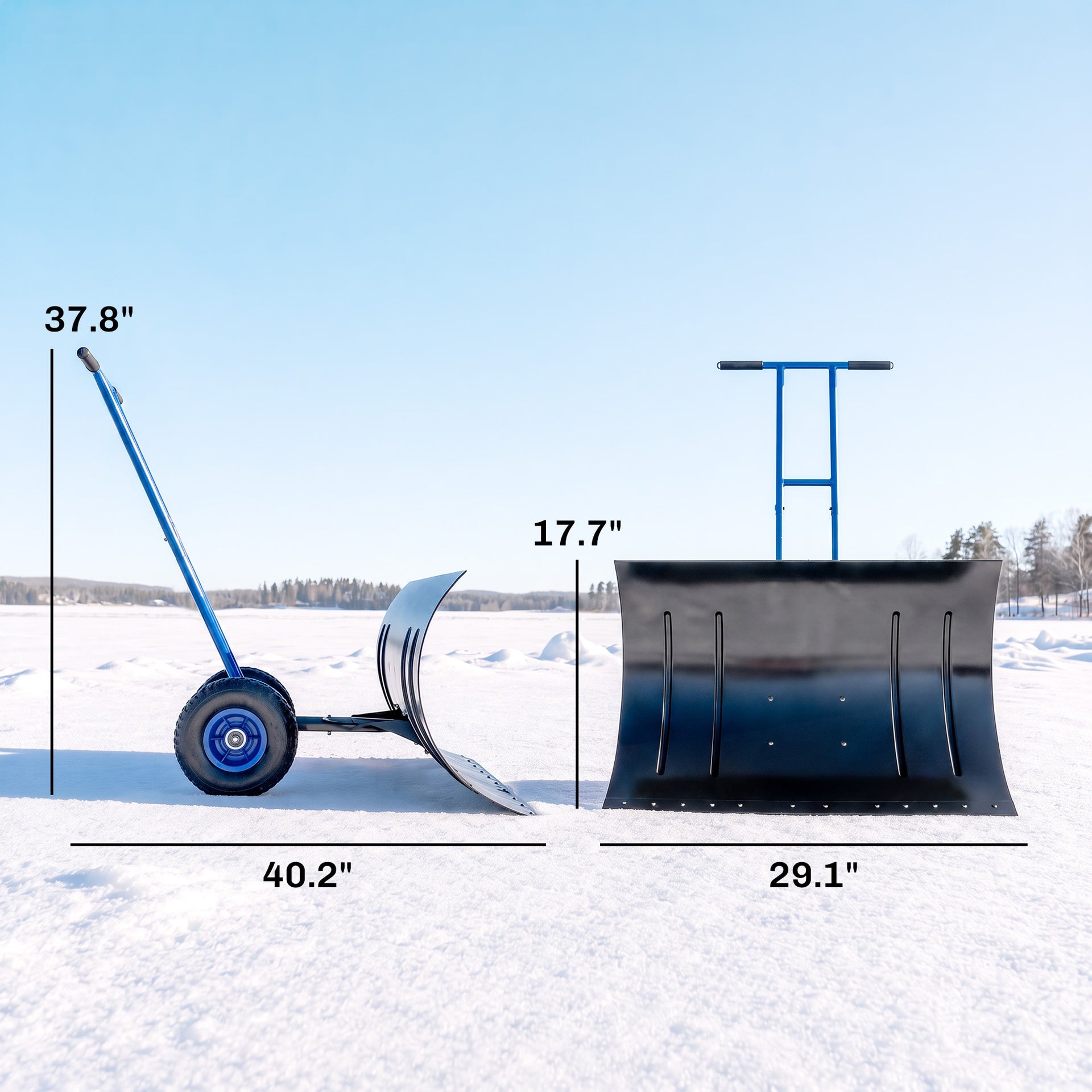 Outsunny Snow Shovel with Wheels, 29" Metal Snow Pusher with Adjustable Handle, 7-Angle Blade, Wear Strip for Driveway, Blue