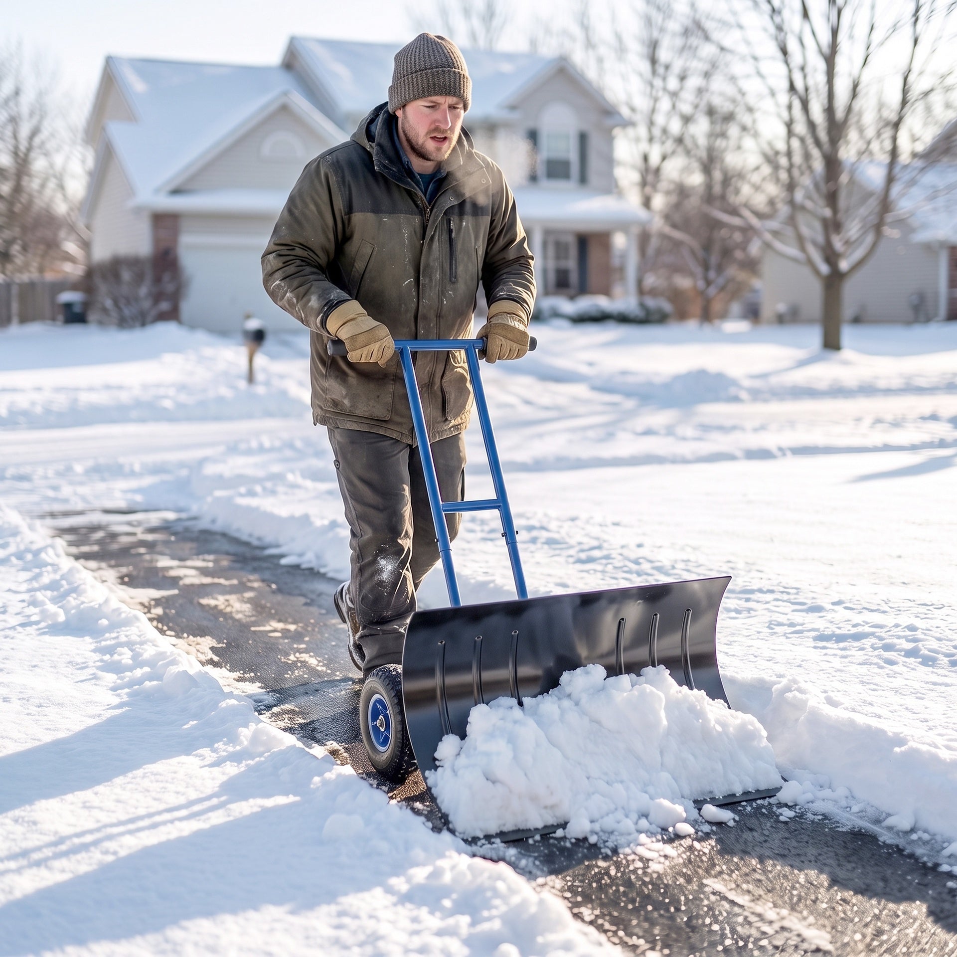 Outsunny Snow Shovel with Wheels, 29" Metal Snow Pusher with Adjustable Handle, 7-Angle Blade, Wear Strip for Driveway, Blue
