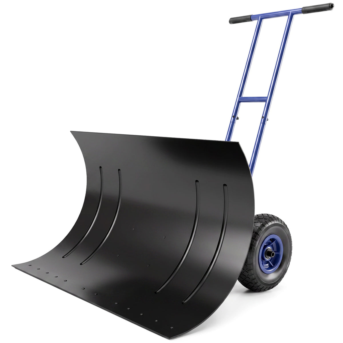 Outsunny Snow Shovel with Wheels, 29" Metal Snow Pusher with Adjustable Handle, 7-Angle Blade, Wear Strip for Driveway, Blue